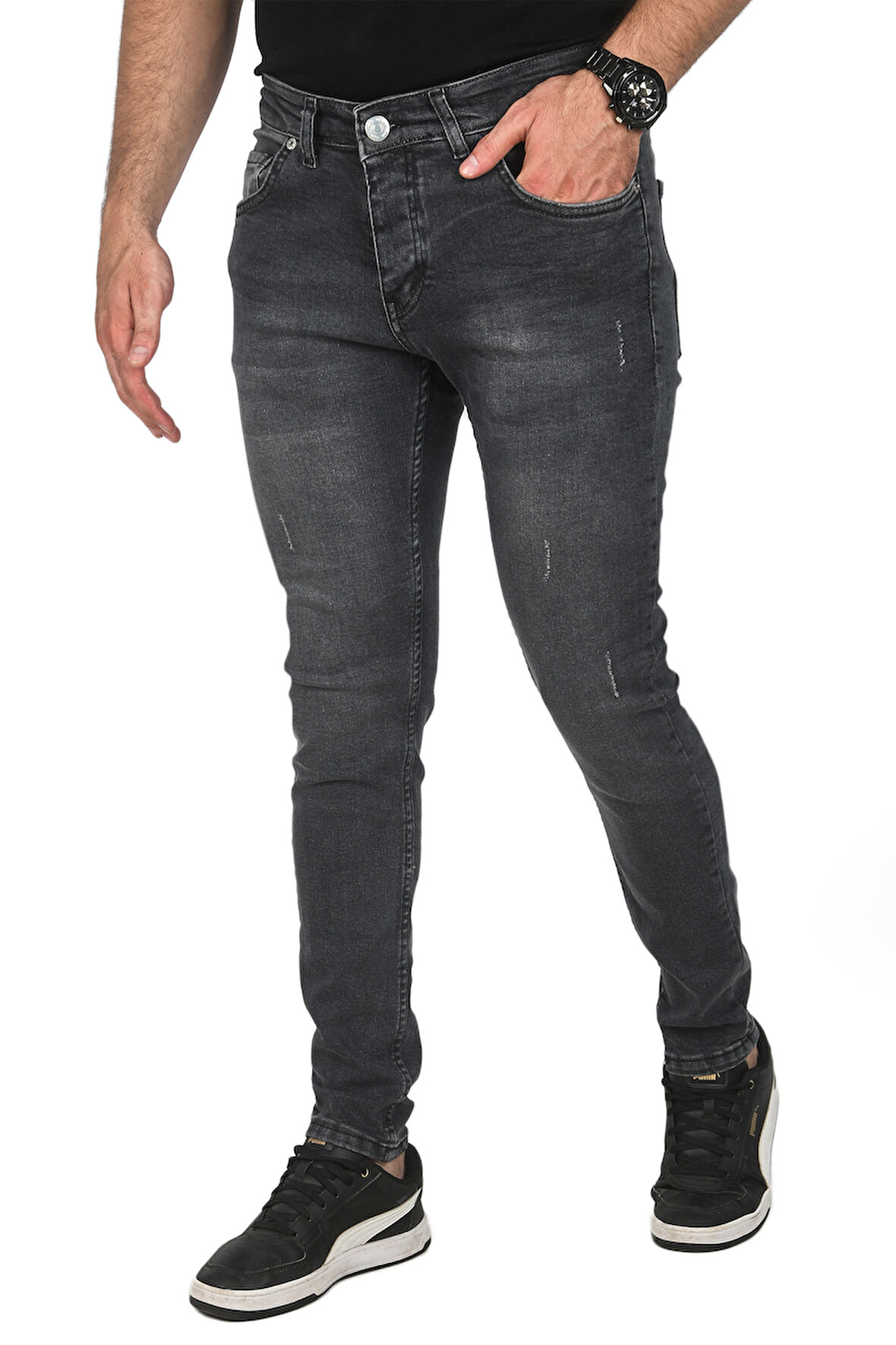 DeepSEA Erkek Antrasit Slim Fit Likralı Kot Pantolon Taşlanmış Jeans 2508180