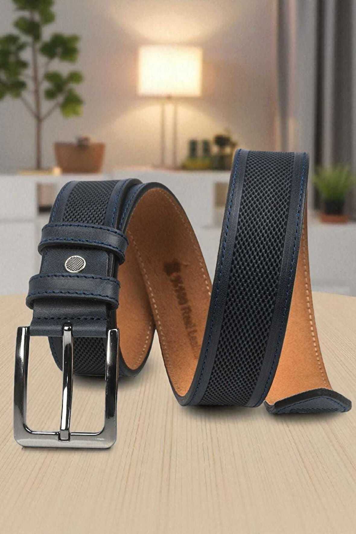DeepSEA Erkek Lacivert Orjinal Deri Kemer 4 cm Özel Yapım Motifli Hakiki Deri Spor Kemer 2502651