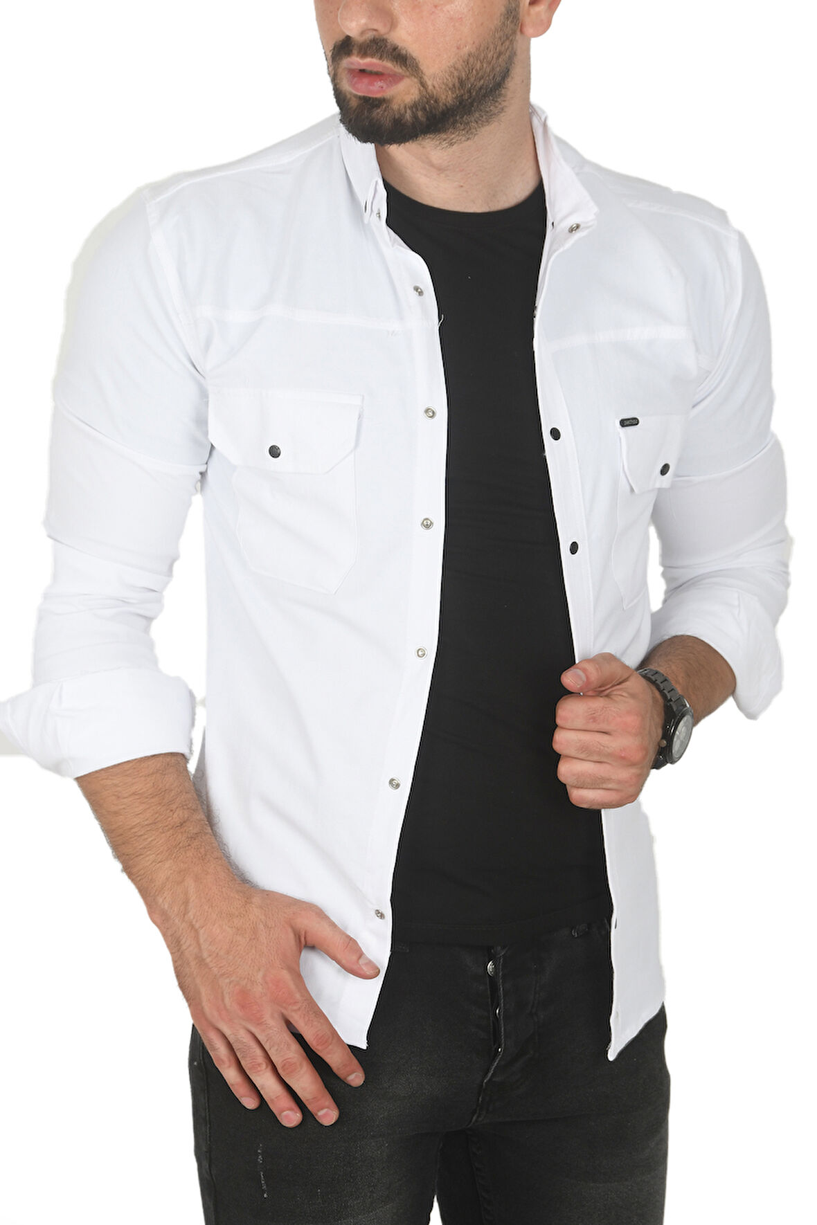 DeepSEA Erkek Beyaz Büyük Beden Pamuklu Likralı Spor Gömlek – Dar Kalıp, Çıt Çıt Kapamalı 2500423