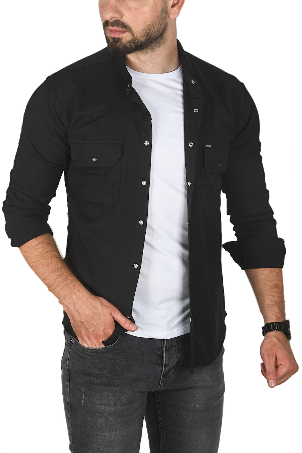 DeepSEA Erkek Siyah Büyük Beden Pamuklu Likralı Spor Gömlek – Dar Kalıp, Çıt Çıt Kapamalı 2500423