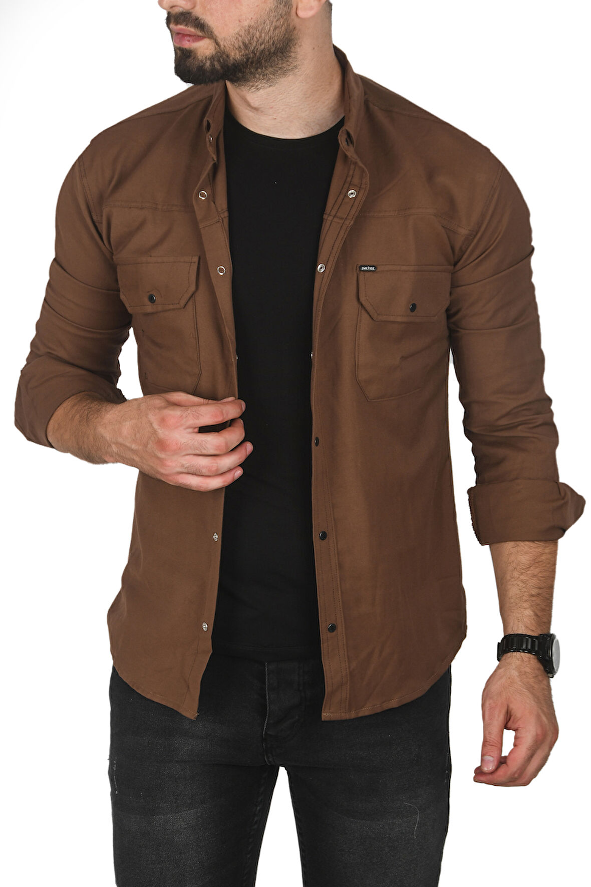 DeepSEA Erkek Kahve Büyük Beden Pamuklu Likralı Spor Gömlek – Dar Kalıp, Çıt Çıt Kapamalı 2500423