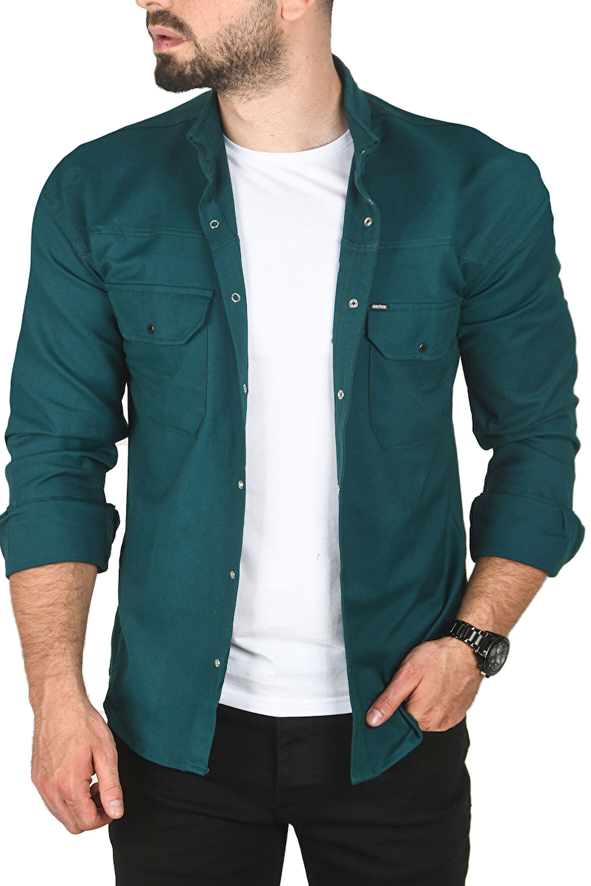 DeepSEA Erkek Yeşil Büyük Beden Pamuklu Likralı Spor Gömlek – Dar Kalıp, Çıt Çıt Kapamalı 2500423