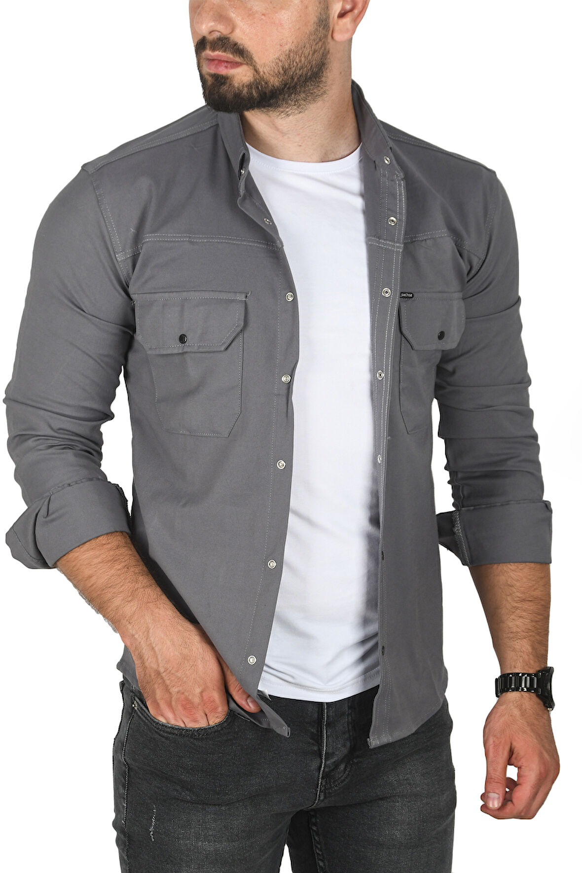 DeepSEA Erkek Gri Büyük Beden Pamuklu Likralı Spor Gömlek – Dar Kalıp, Çıt Çıt Kapamalı 2500423