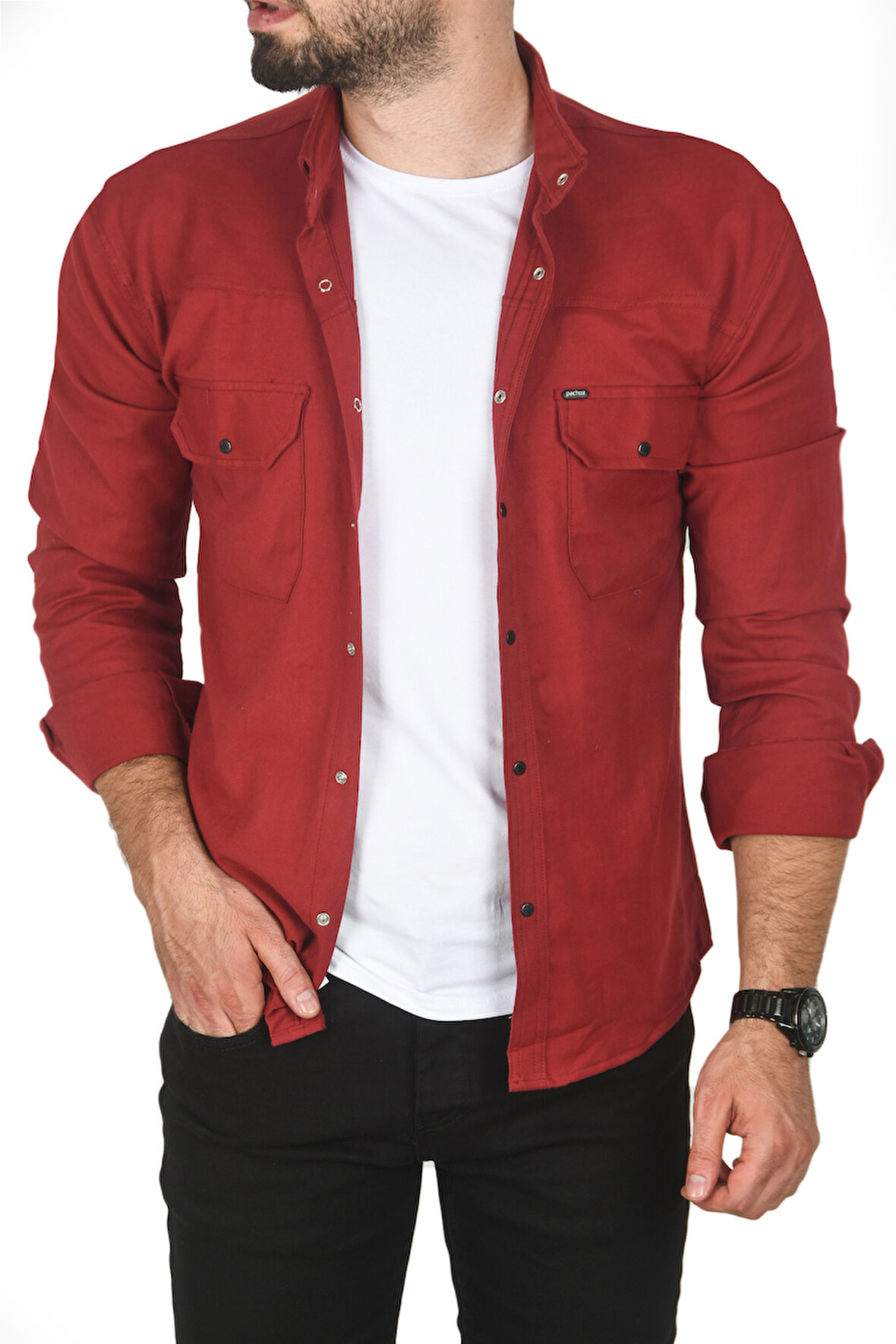 DeepSEA Erkek Bordo Büyük Beden Pamuklu Likralı Spor Gömlek – Dar Kalıp, Çıt Çıt Kapamalı 2500423