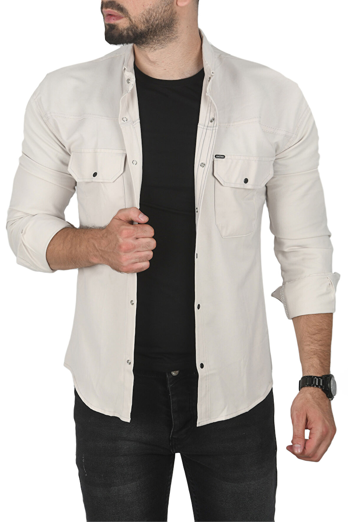 DeepSEA Erkek Bej Büyük Beden Pamuklu Likralı Spor Gömlek – Dar Kalıp, Çıt Çıt Kapamalı 2500423