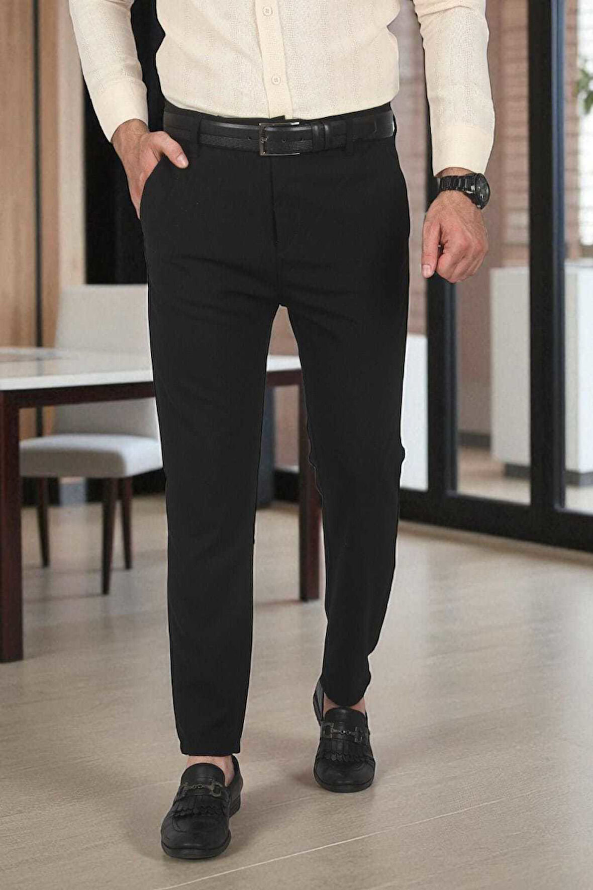 DeepSEA Erkek Siyah İtalyan Kesim Likralı Spor Pantolon Esnek Kumaş Bilek Boy Boru Paça Klasik Pantolon 2502005