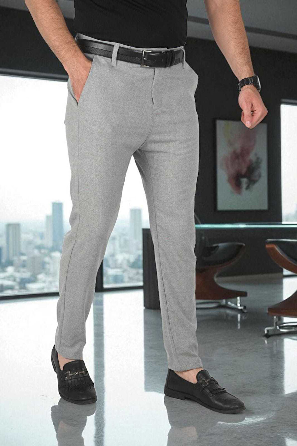 DeepSEA Erkek Gri İtalyan Kesim Likralı Spor Pantolon Esnek Kumaş Bilek Boy Boru Paça Klasik Pantolon 2502005