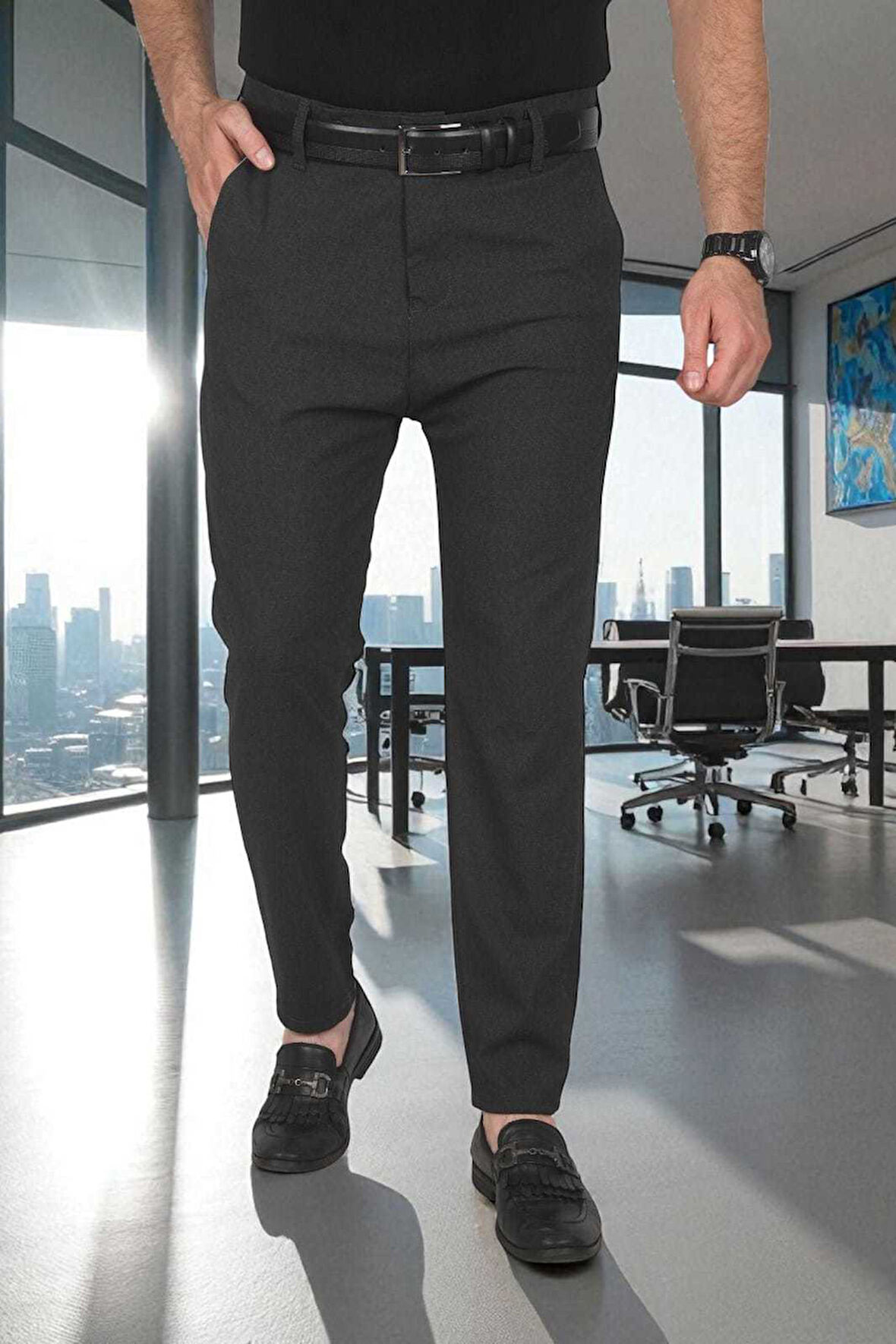 DeepSEA Erkek Füme İtalyan Kesim Likralı Spor Pantolon Esnek Kumaş Bilek Boy Boru Paça Klasik Pantolon 2502005