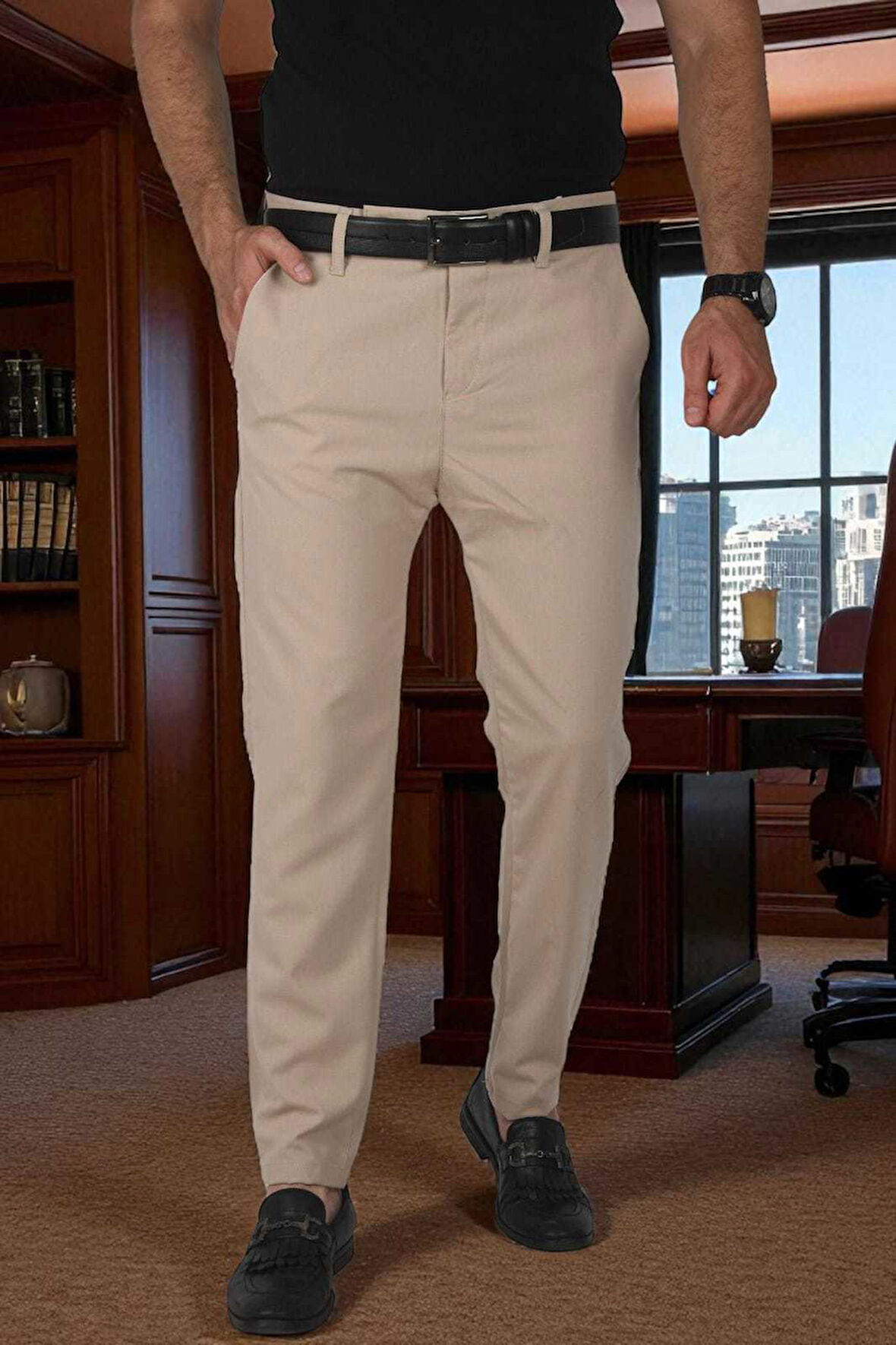 DeepSEA Erkek Bej İtalyan Kesim Likralı Spor Pantolon Esnek Kumaş Bilek Boy Boru Paça Klasik Pantolon 2502005