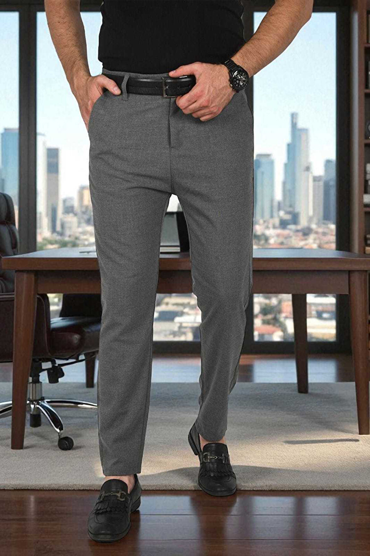 DeepSEA Erkek Antrasit İtalyan Kesim Likralı Spor Pantolon Esnek Kumaş Bilek Boy Boru Paça Klasik Pantolon 2502005