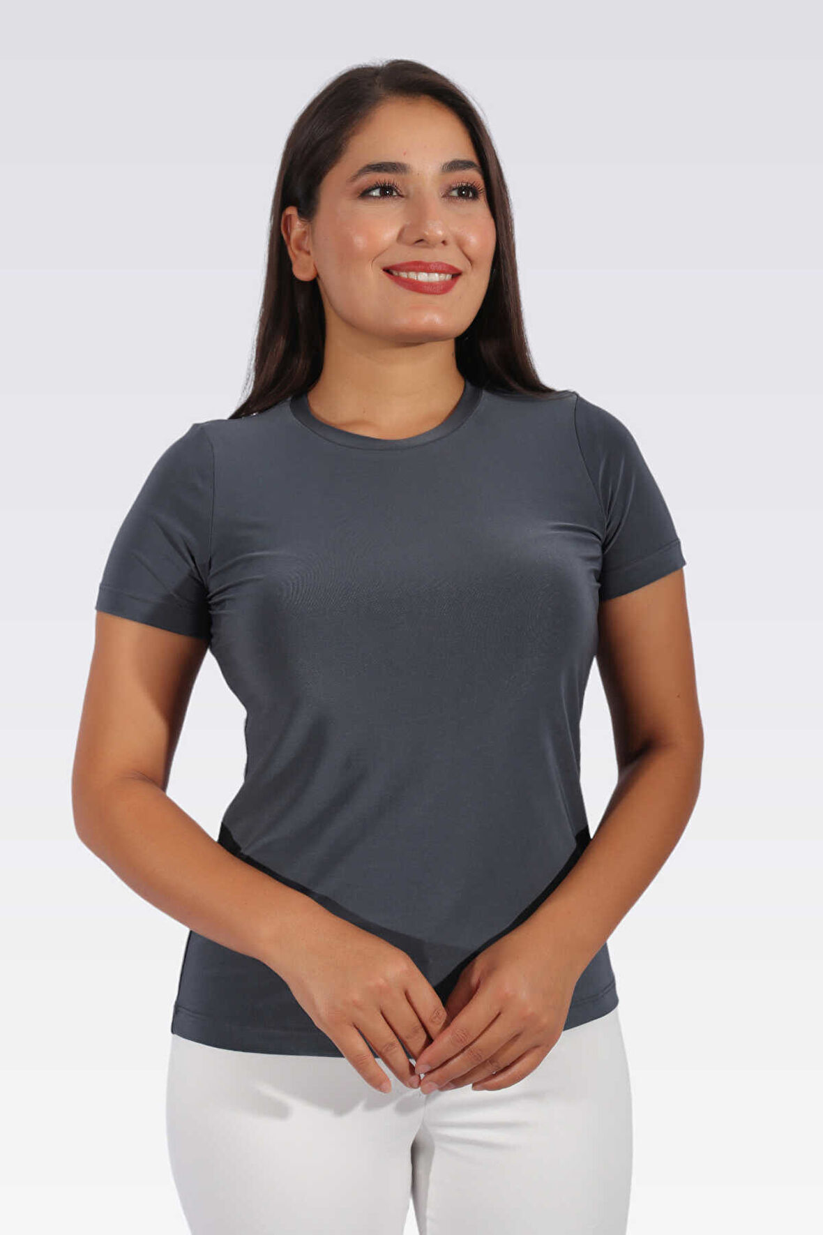 Tolga Saraçoğlu Kadın Bisiklet Yaka Kısa Kol Şık Kumaş Örme Bluz 10427 Antrasit