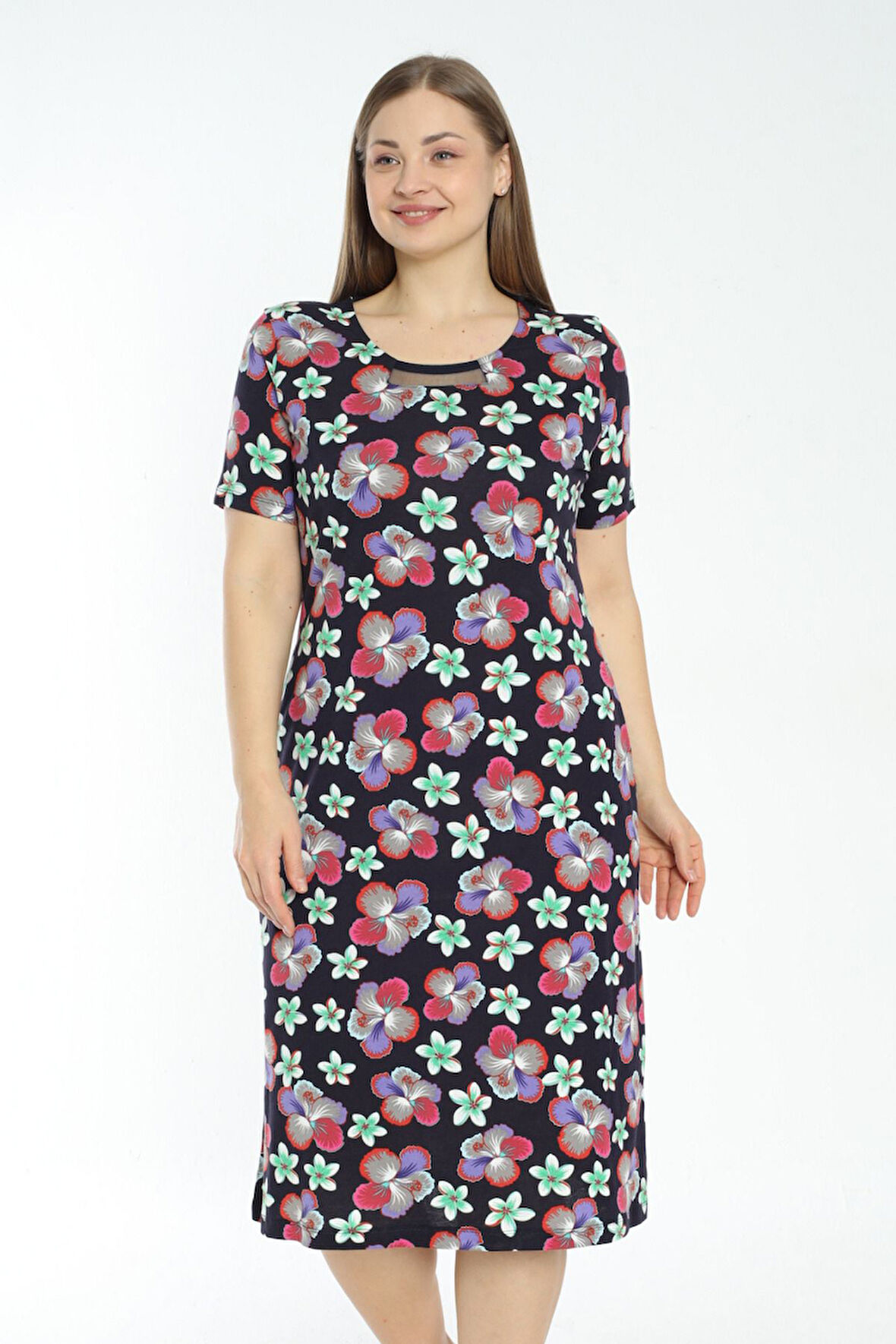 Kadın Çiçek Desenli Tül Detaylı Cepli Büyük Beden Kısa Kollu Elbise