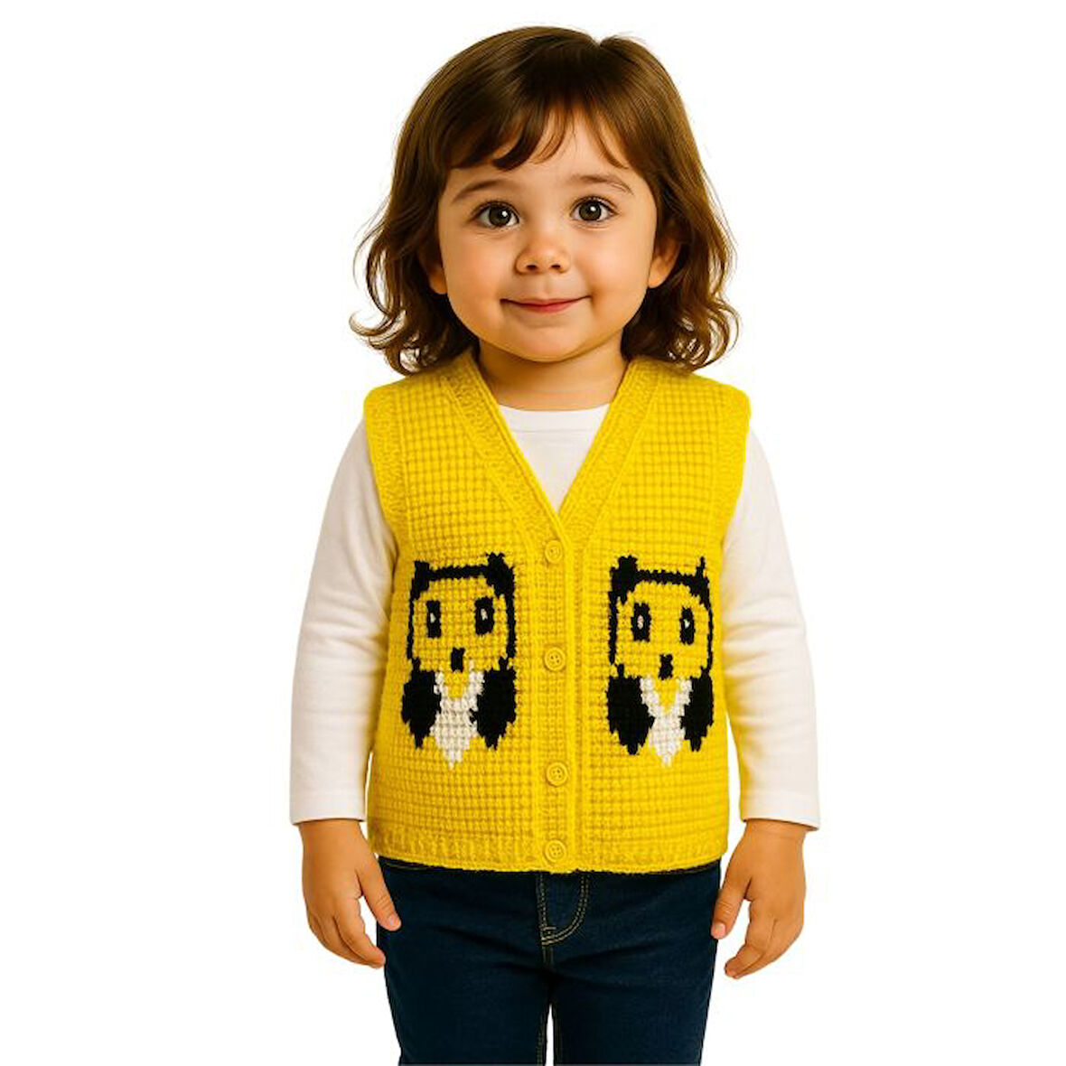 Uretti - Çiğdem 1390 1873 El Örgüsü Ayıcık Suratı Desenli Örgü Yelek - 1 - 3 Yaş