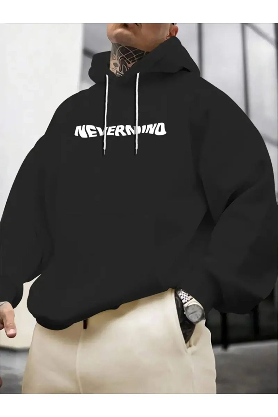 Erkek Siyah Oversize Nevermınd Baskılı Sweatshirt