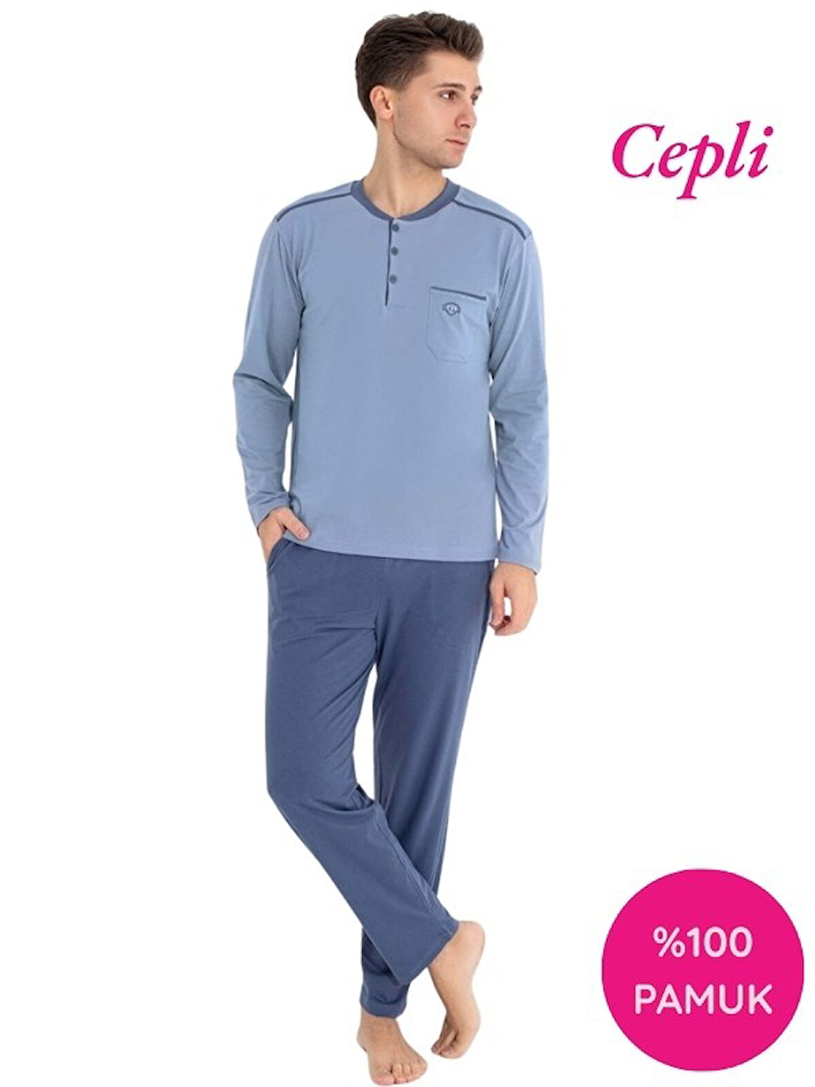 Erkek 3 Düğmeli %100 Pamuk Göğüs Cepli Mevsimlik Uzun Kol Cepli Pijama Takımı