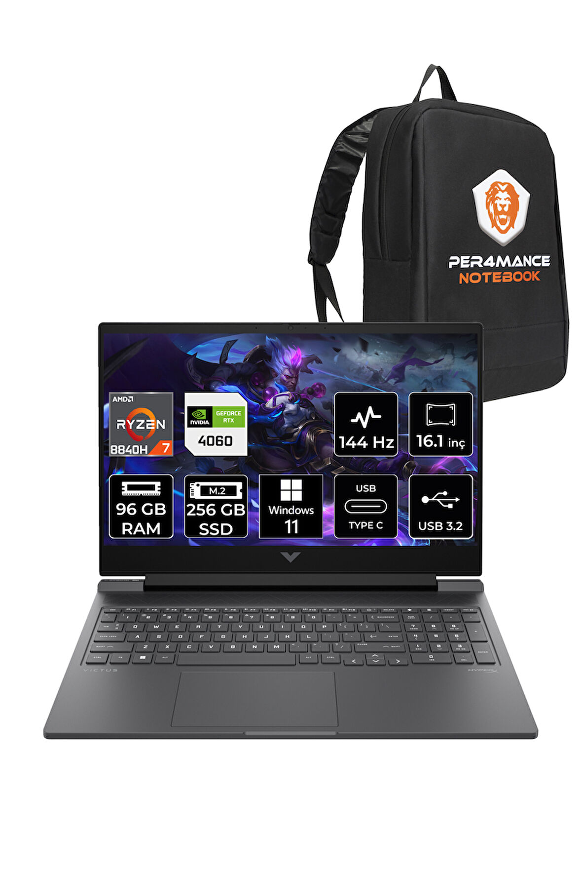 HP Victus 16 R7 8845HS 96GB 256GB SSD RTX4060/8GB 144Hz FHD 16.1'' W11H Gaming Laptop & PER4 ÇANTA