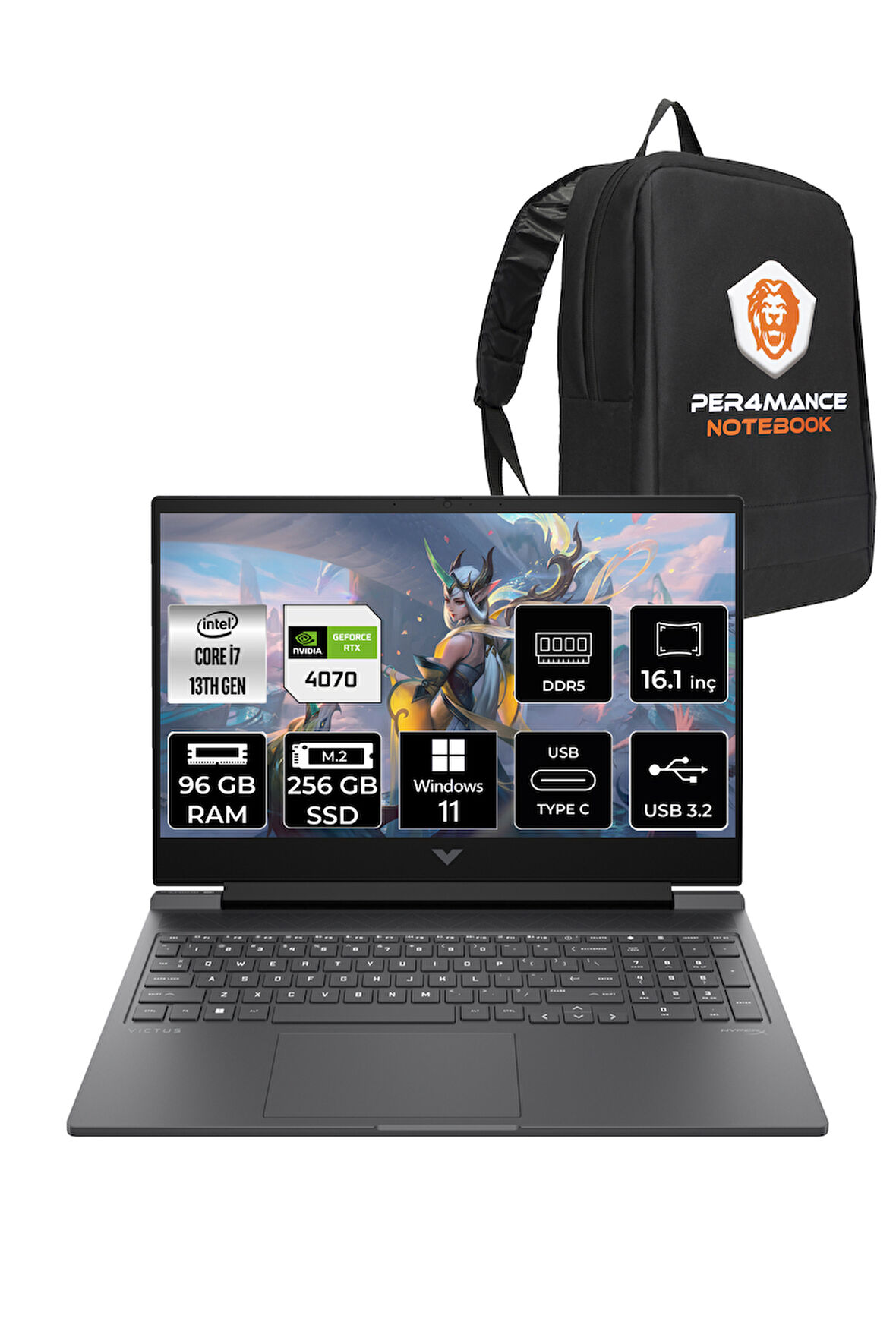 HP Victus 16 i7 13700H 96GB DDR5 256GB SSD RTX4070/8GB 144Hz 16.1'' W11P Gaming Laptop & PER4 ÇANTA