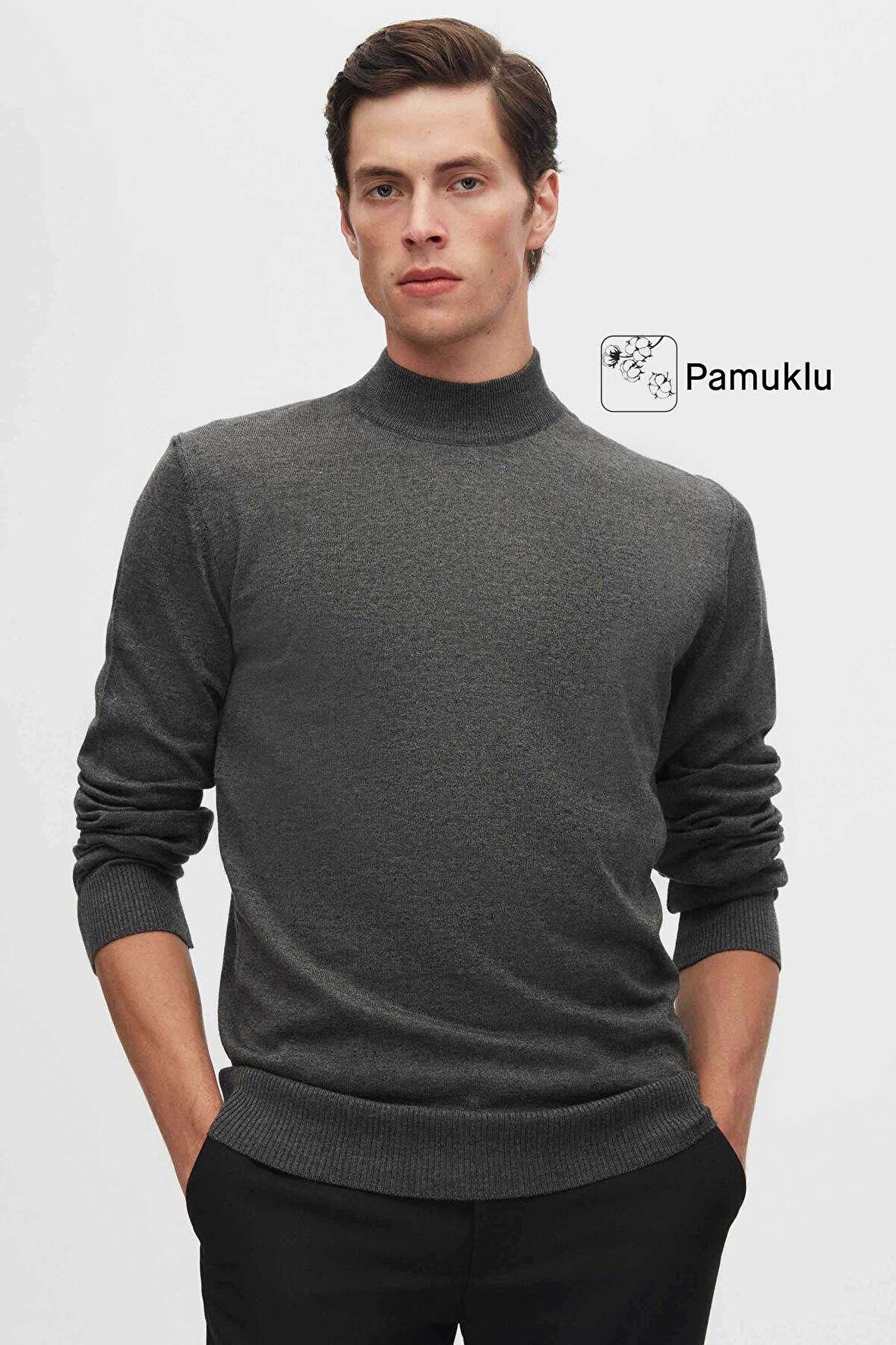 Regular Fit Antrasit Pamuk Karışımlı Yarım Balıkçı Triko Kazak 5HF06ORT16275