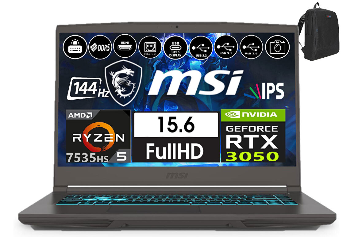 Msı Nb Thın A15 Ryzen 5 7535HS 32GB Ddr5 1tb SSD 6GB/RTX3050 WINDOWS11PRO 15.6" 144Hz Fhd IPS Taşınabilir Bilgisayar B7UC-077XTRW46+WEBLEGELSINÇANTA