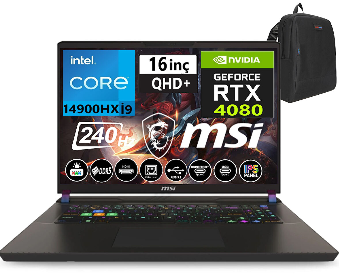 Msı Vector 16 Hx Intel I9-14900HX 48GB Ddr5 4tb SSD 12GB/RTX4080 175W WINDOWS11HOME 16" 240HZ Qhd+ Taşınabilir Bilgisayar A14VHG-497XTRW32+WEBLEGELSINÇANTA