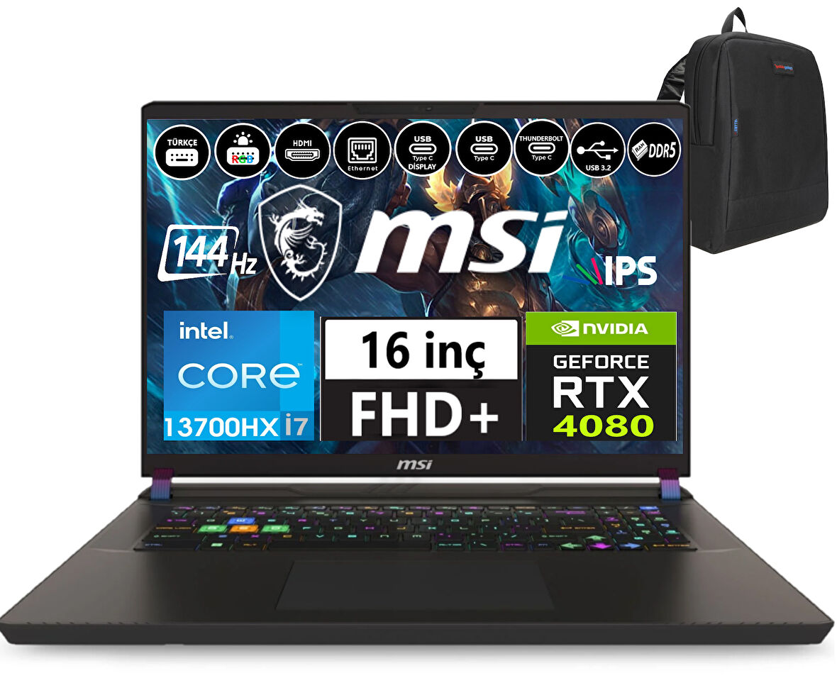 Msı Nb Vector 16 Hx Intel I7 13700HX 48GB Ddr5 512GB SSD 12GB/RTX4080 175W WINDOWS11HOME 16" 144Hz Fhd+ Taşınabilir Bilgisayar A13VHG-495TRW29+WEBLEGELSINÇANTA