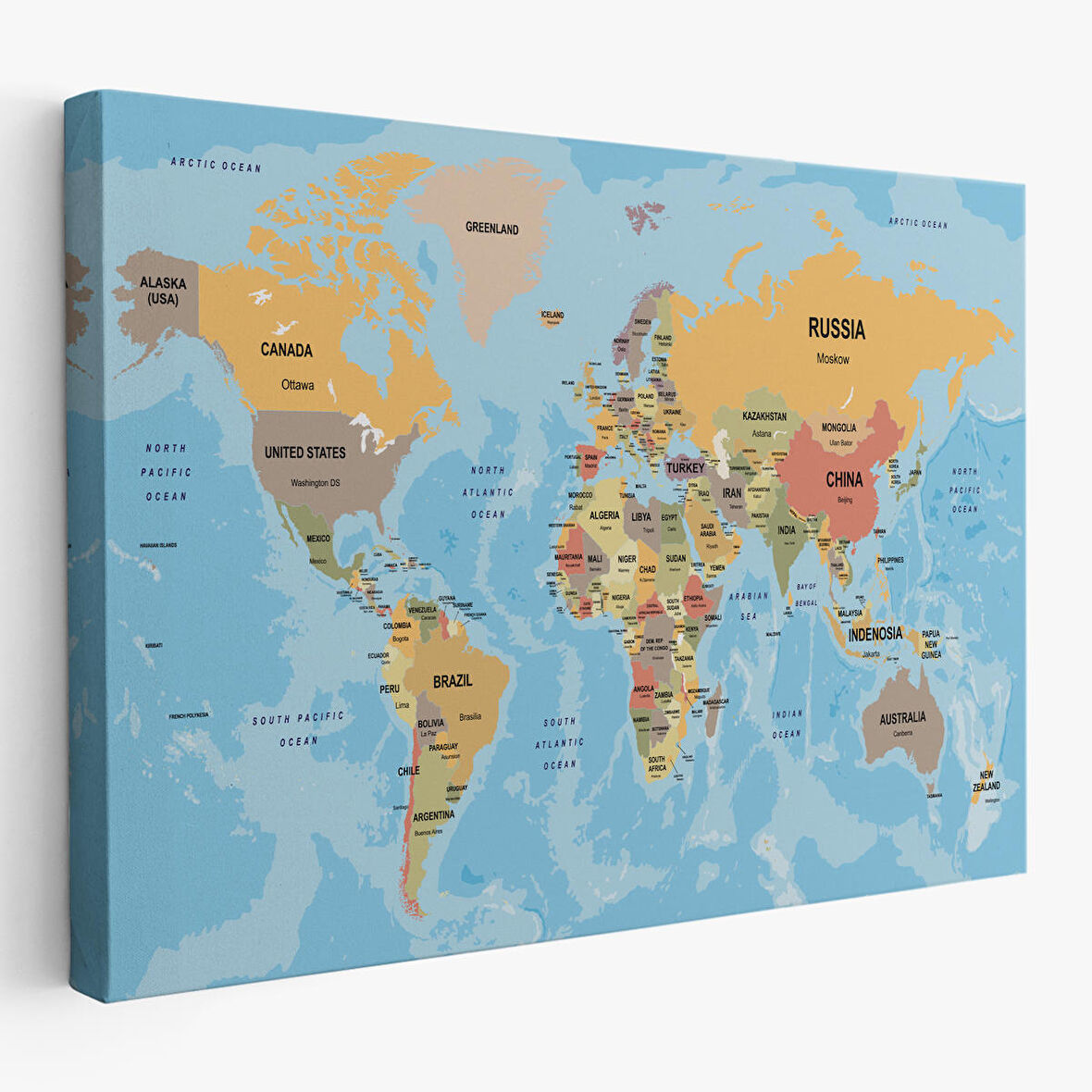 Harita Sepeti Dünya Haritası Ülke Başkentli Okyanuslu ve Dekoratif Kanvas Tablo 2229