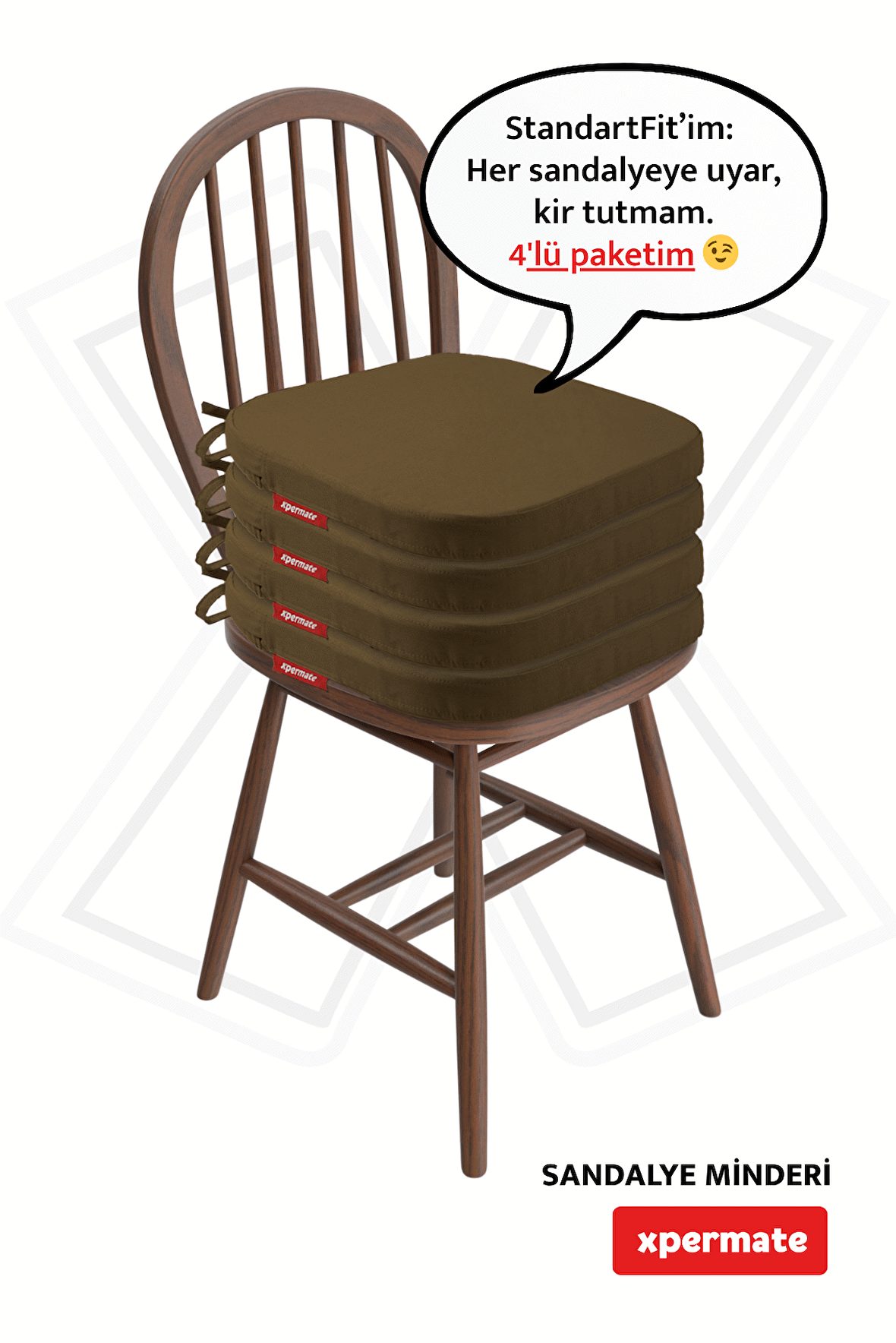 XPERMATE 4'lü StandartFit Oval Sandalye Minderi Fermuarlı Yıkanabilir Kılıf Bağcıklı Su ve Yağ İtici 42x42x5 Kahve