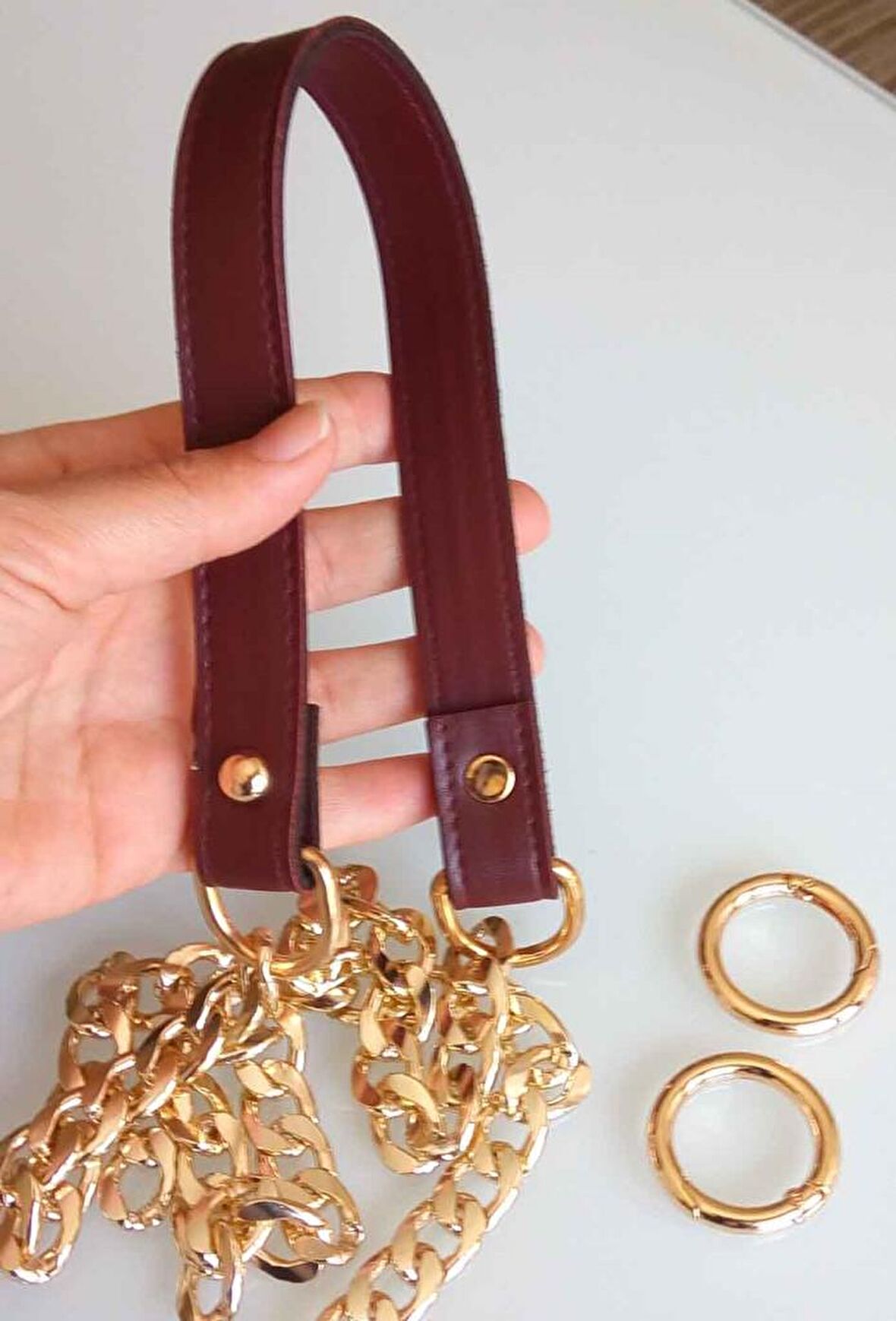 Suni Deri Dikişli Light Gold Zincirli Bordo Renk Çanta Sapı