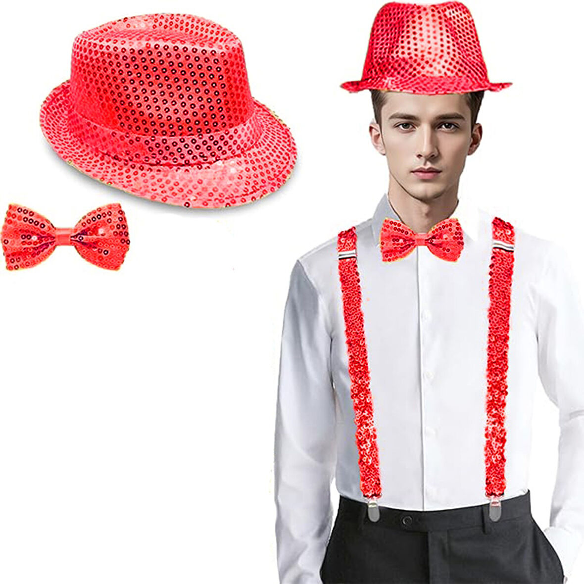 Kırmızı Payetli Şapka ve Papyon Seti – Parıltılı Yetişkin Kostüm Seti TdrTR