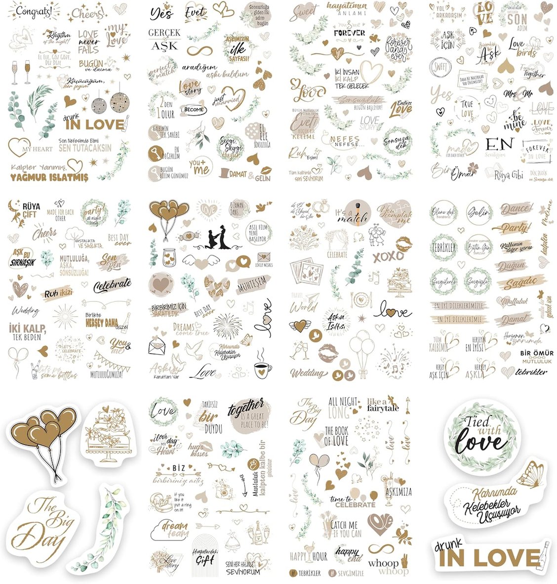 Düğün Sticker Seti, 325 Adet Çıkartma, Misafir, Konuk Defteri veya Fotoğraf Albumü için Sevgi Dolu Vintage Love Temalı, Dekorasyon için Motifli Sözcüklü Düğün Etiketi, 10 Sayfa, A5 Boyut