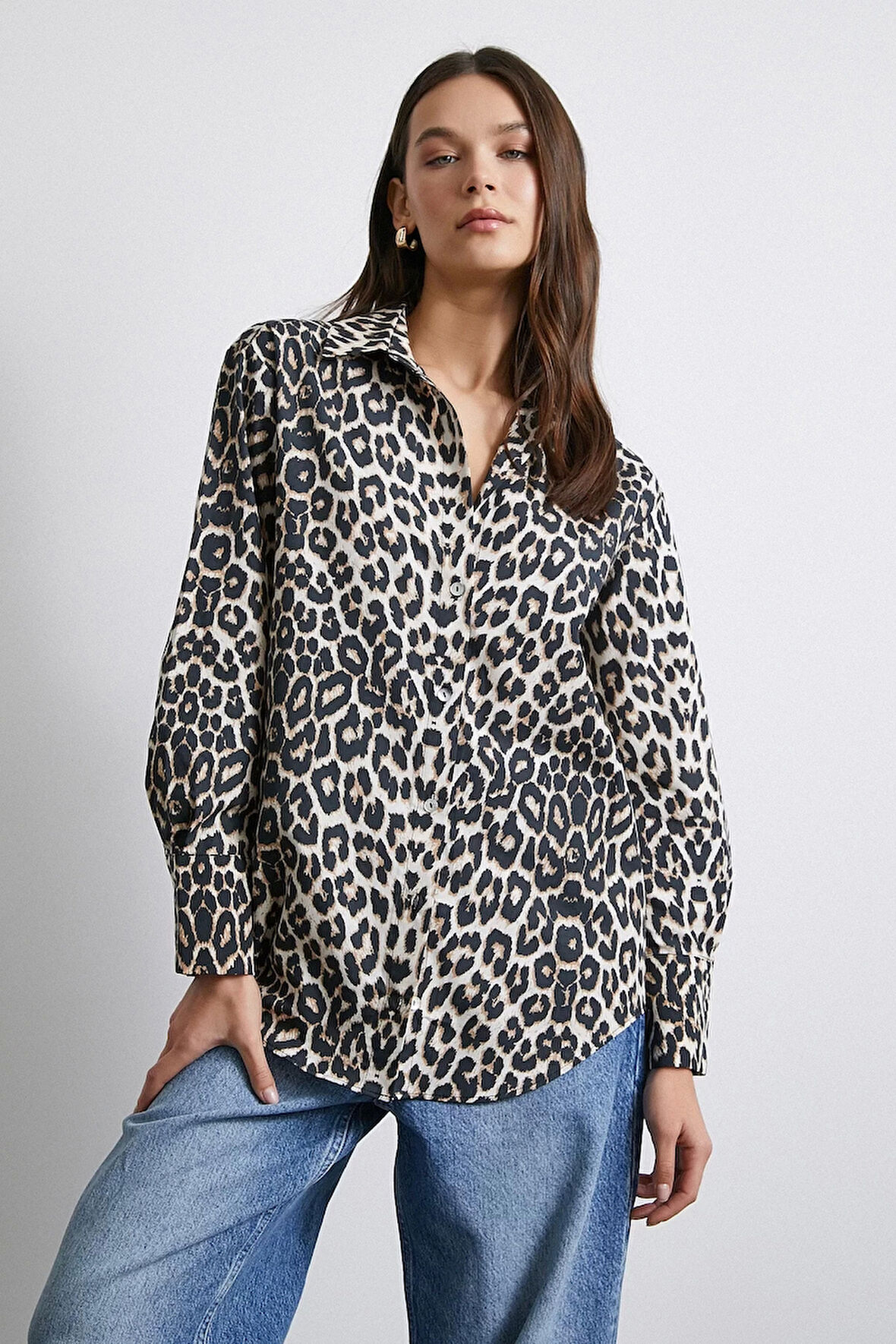 Leopar Desenli Pamuklu Bej Gömlek