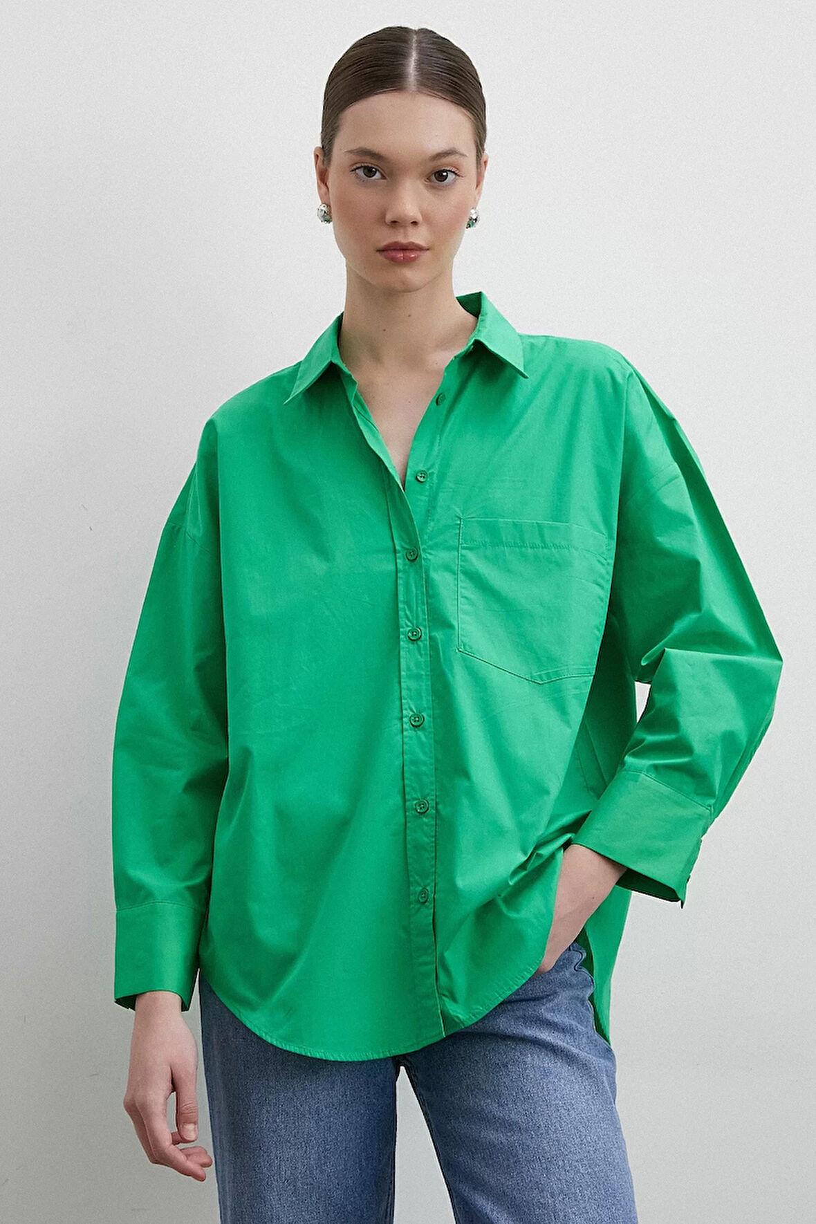 Oversize Pamuklu Yeşil Gömlek