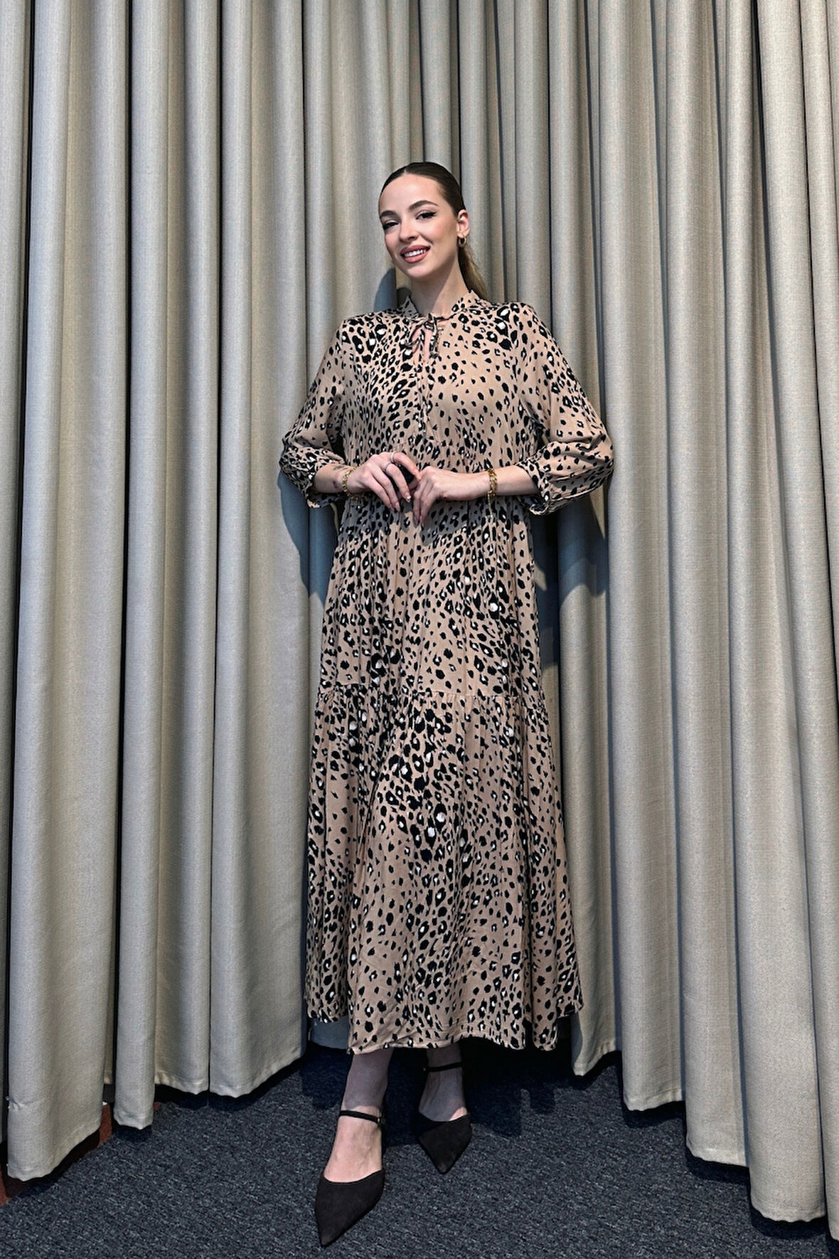 Hakim Yaka Desenli Maxi Elbise