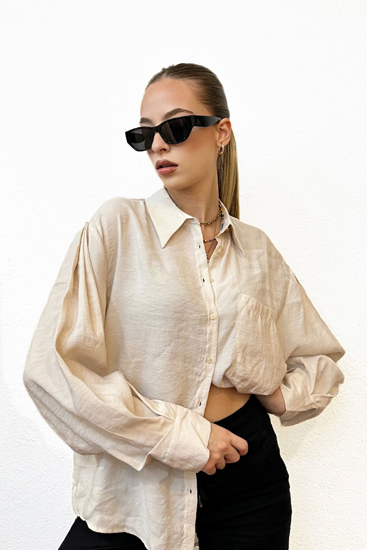 Oversize Bej Gömlek