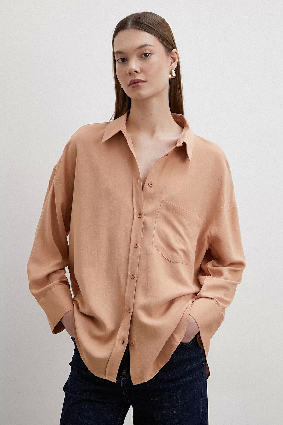 Keten Karışımlı Pudra Gömlek