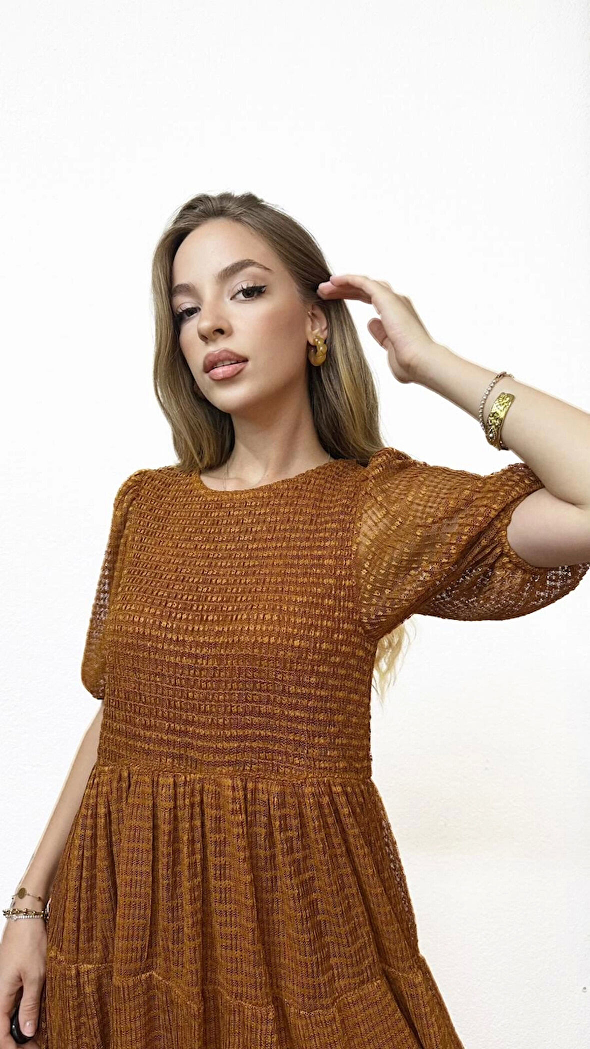 Kısa Kollu Astarlı Kiremit Elbise