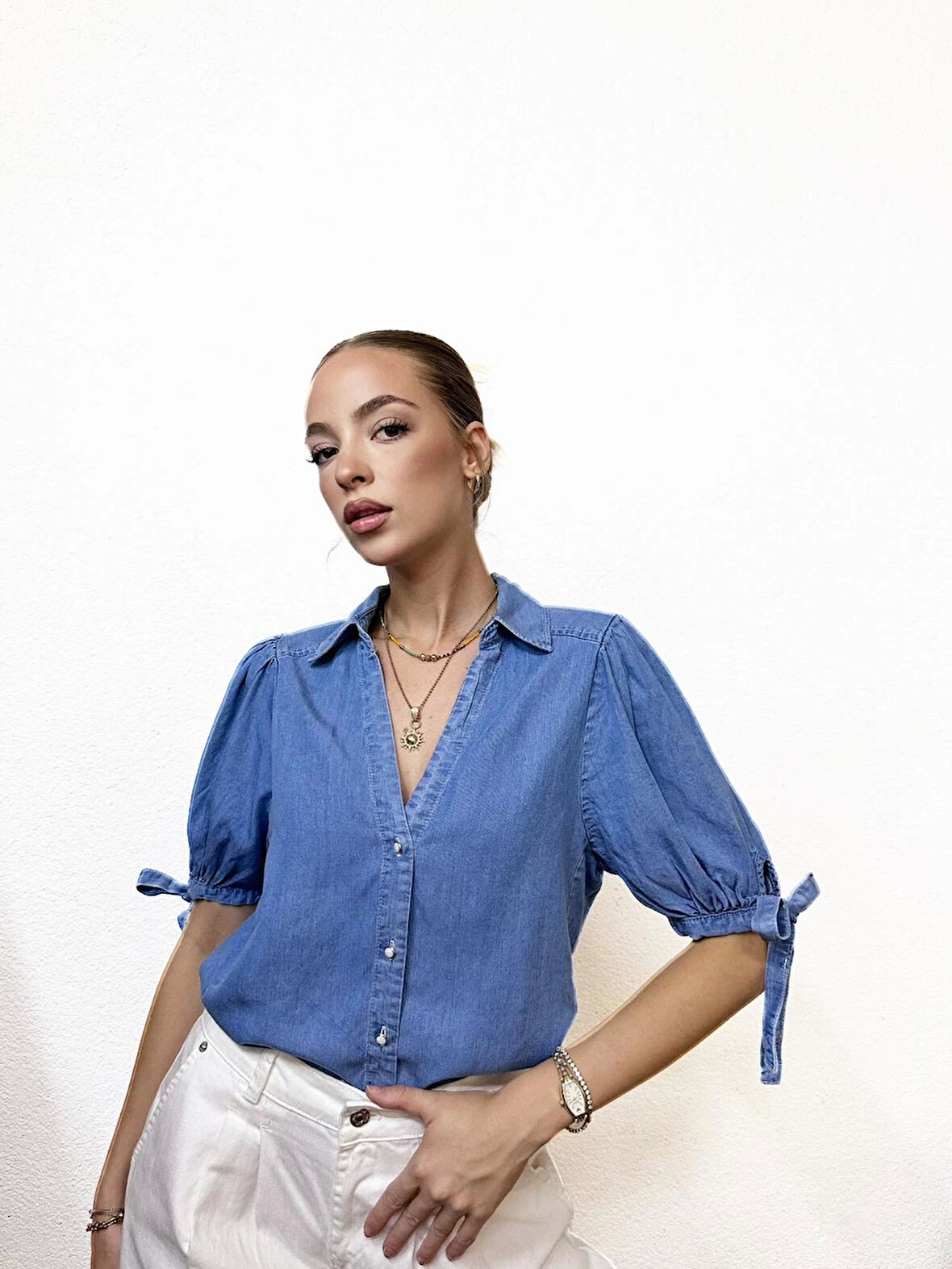 V Yaka Denim Kot Gömlek