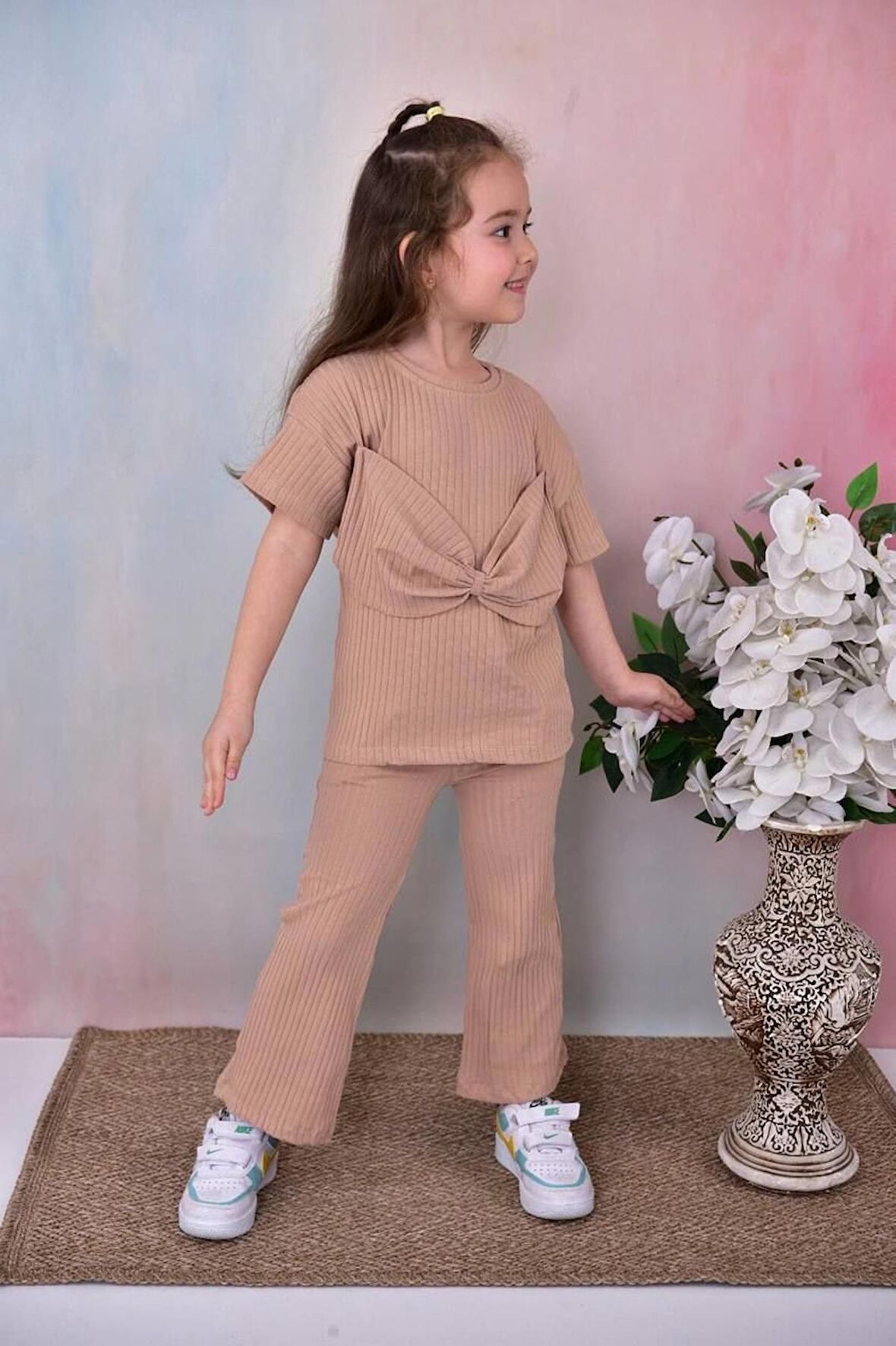 Kız Çocuk Fiyonk Detaylı Düz Renk Alt Üst Takım