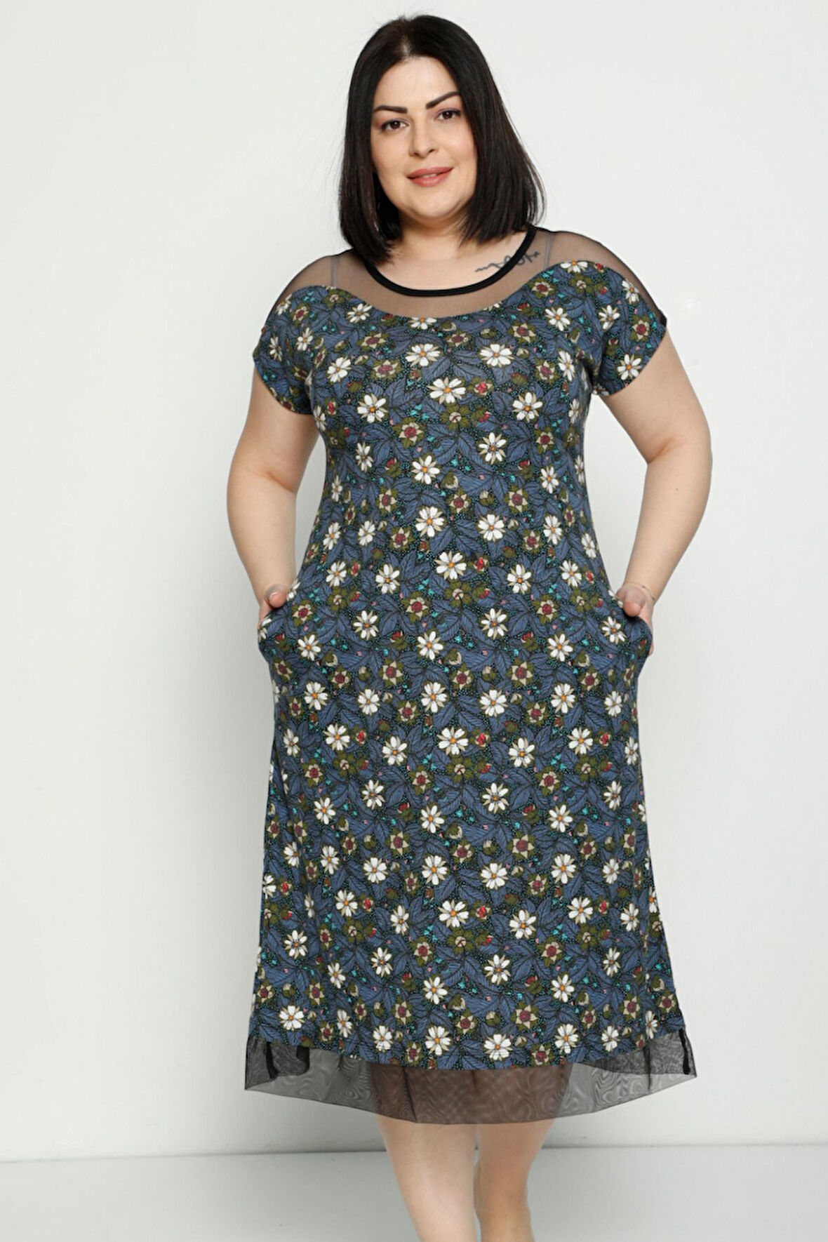 Desenli Cepli Tül Detaylı Penye Modal Büyük Beden Kısa Kollu Pamuklu Elbise