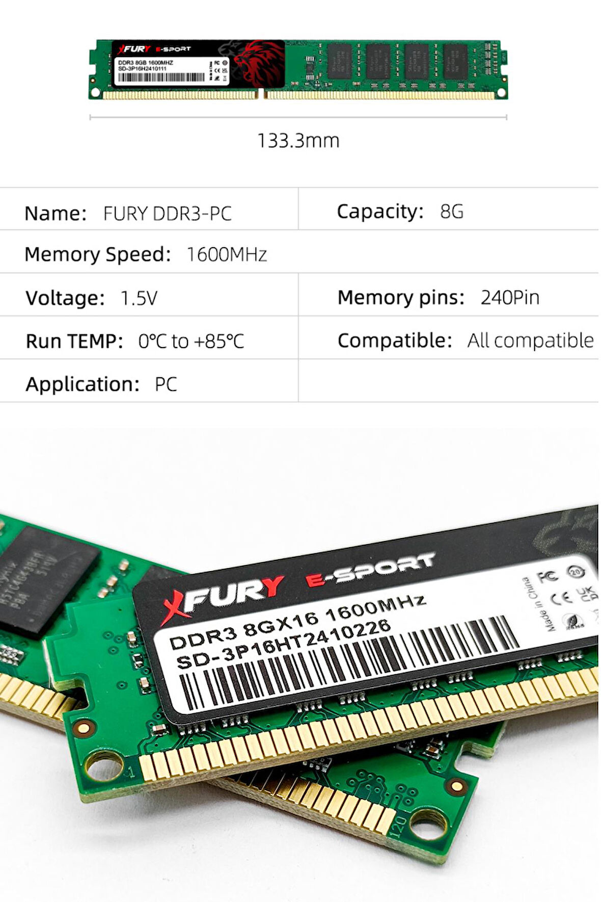 FURY E-SPORT DDR3 8Gb 1600Mhz Masaüstü Ram Bellek