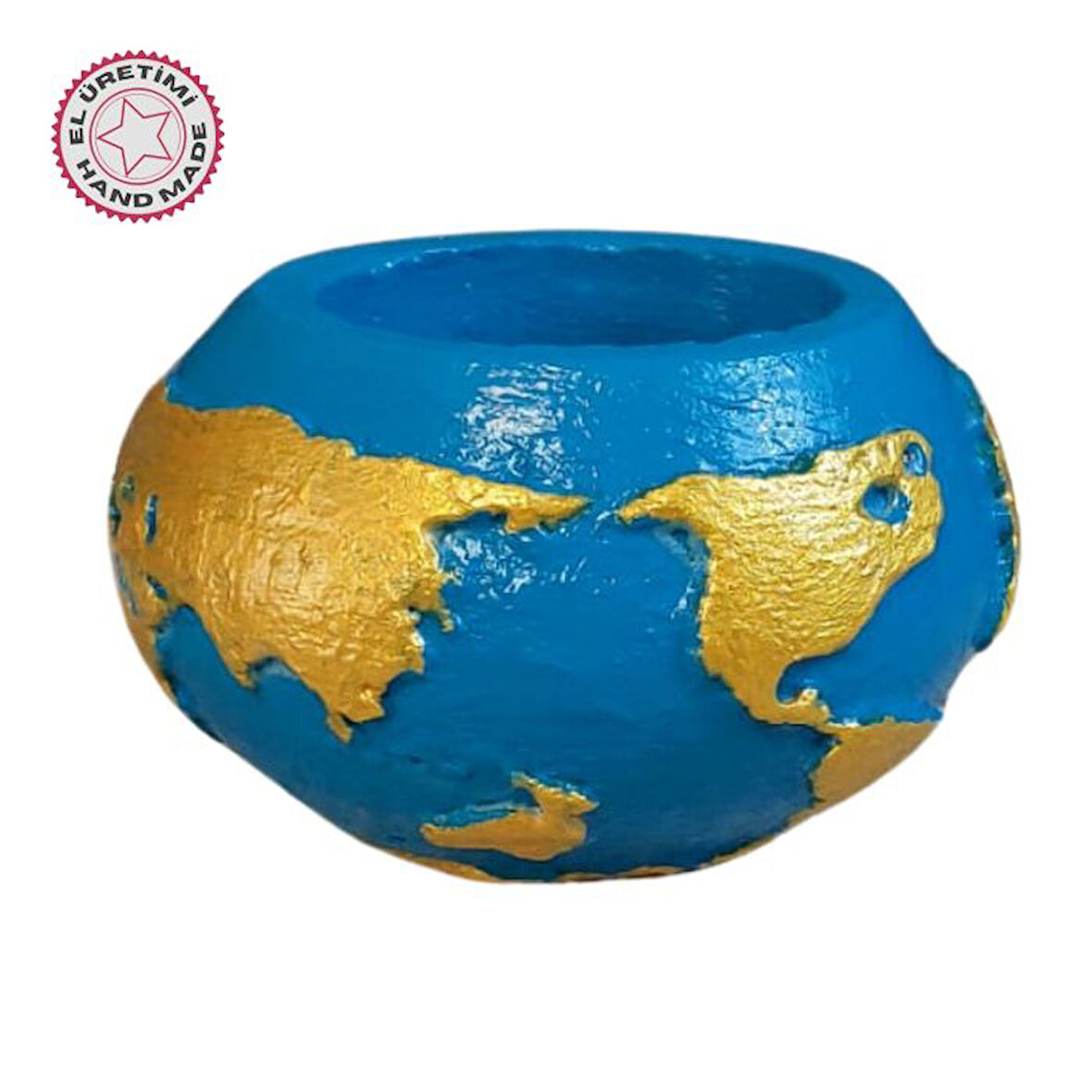 Uretti - Ayşe 7362 7938 El Yapımı Dünya Şeklinde Mavi - Gold Renk  Saksı / Mumluk Dekoratif Obje - 6 x 9 cm
