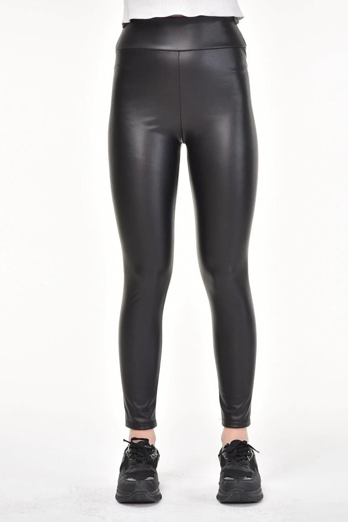 Siyah Içi Peluş Tüylü Yüksek Bel Deri Tayt