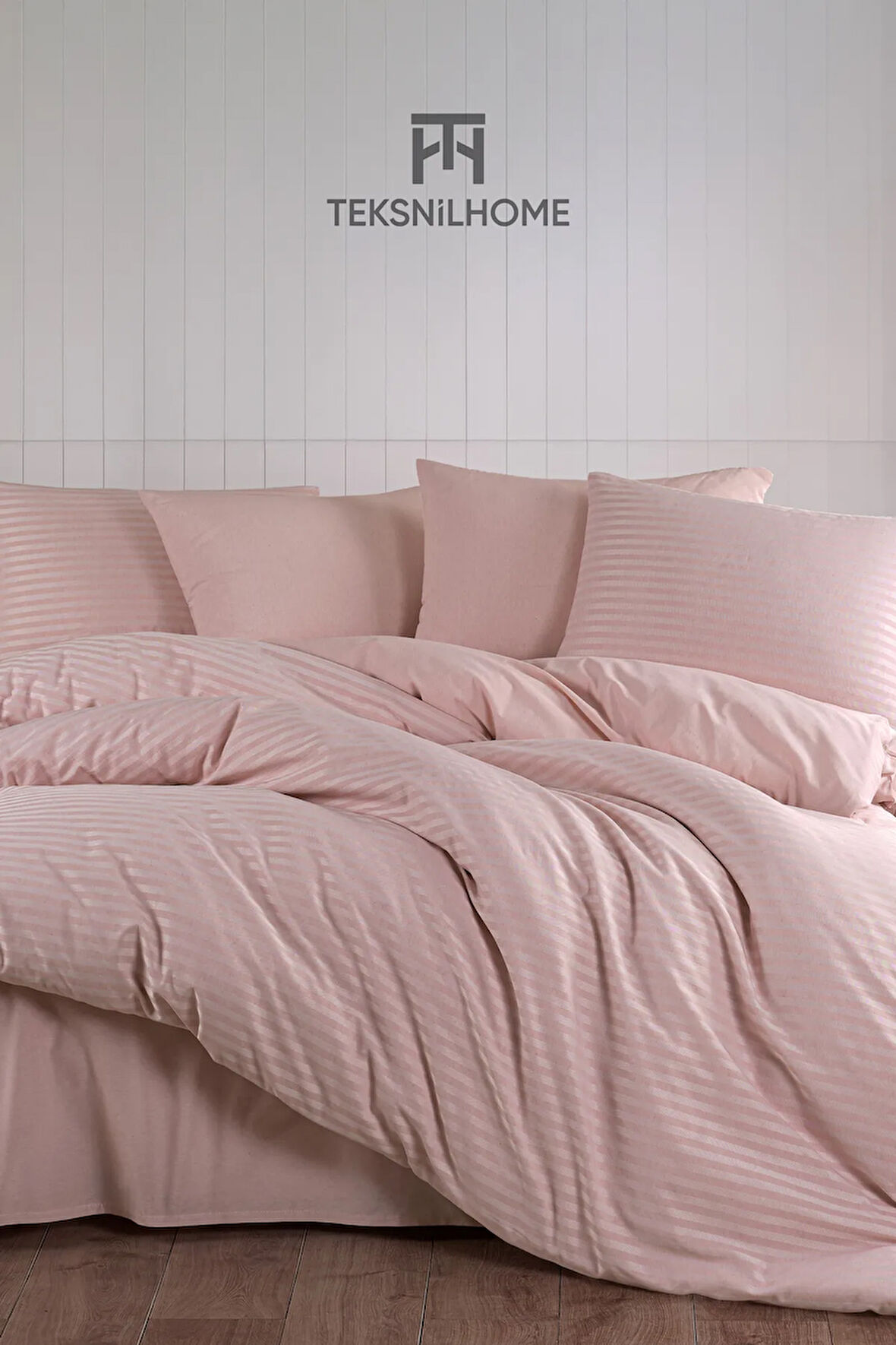 %100 Pamuklu Pudra Natural Stripe Nevresim Takımı 3 Parça (ÇİFT KİŞİLİK)