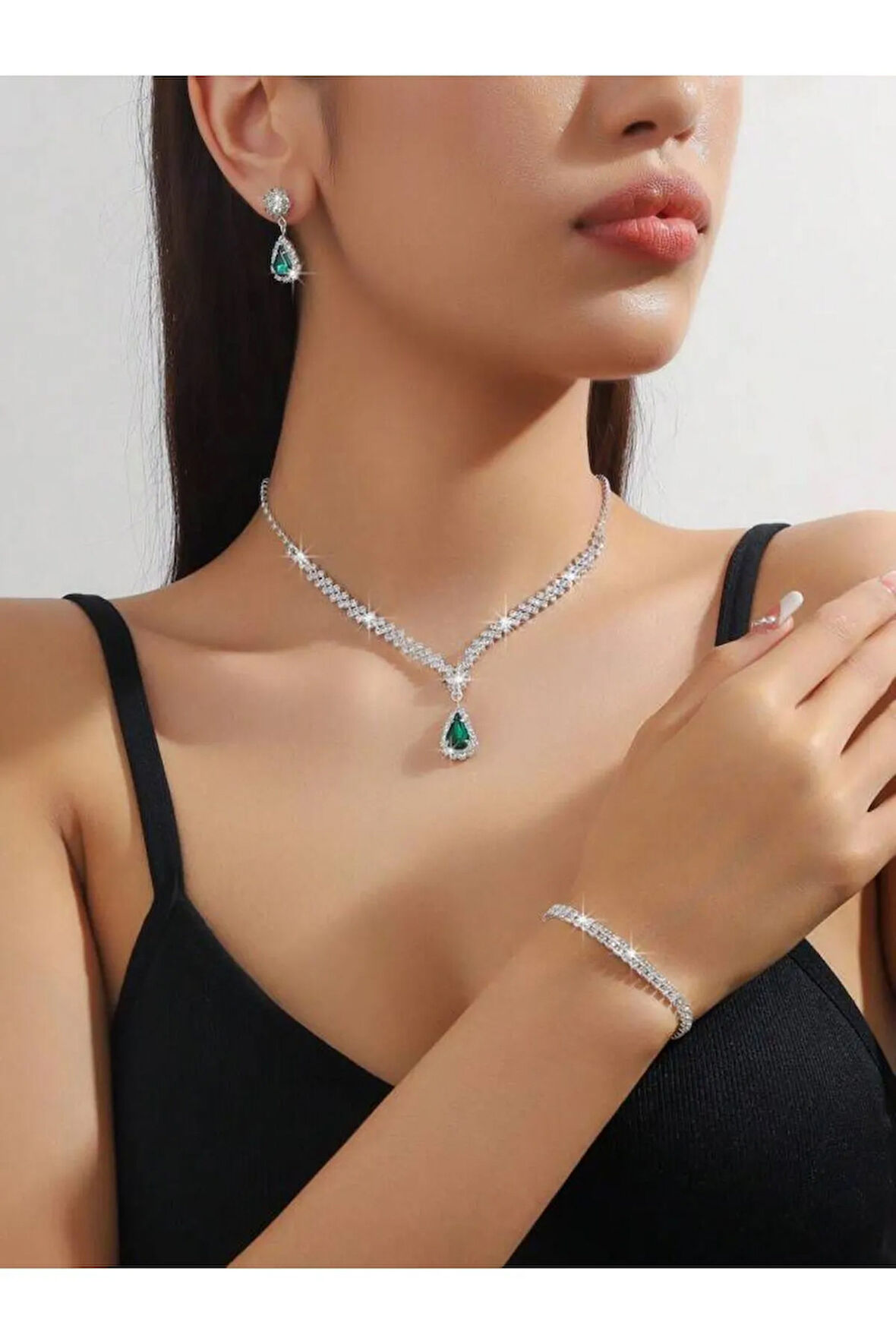 Gümüş Kaplama Leyla Kolye, Küpe Ve Bileklik Seti 3'lü Set Davet Düğün Nişan Abiye