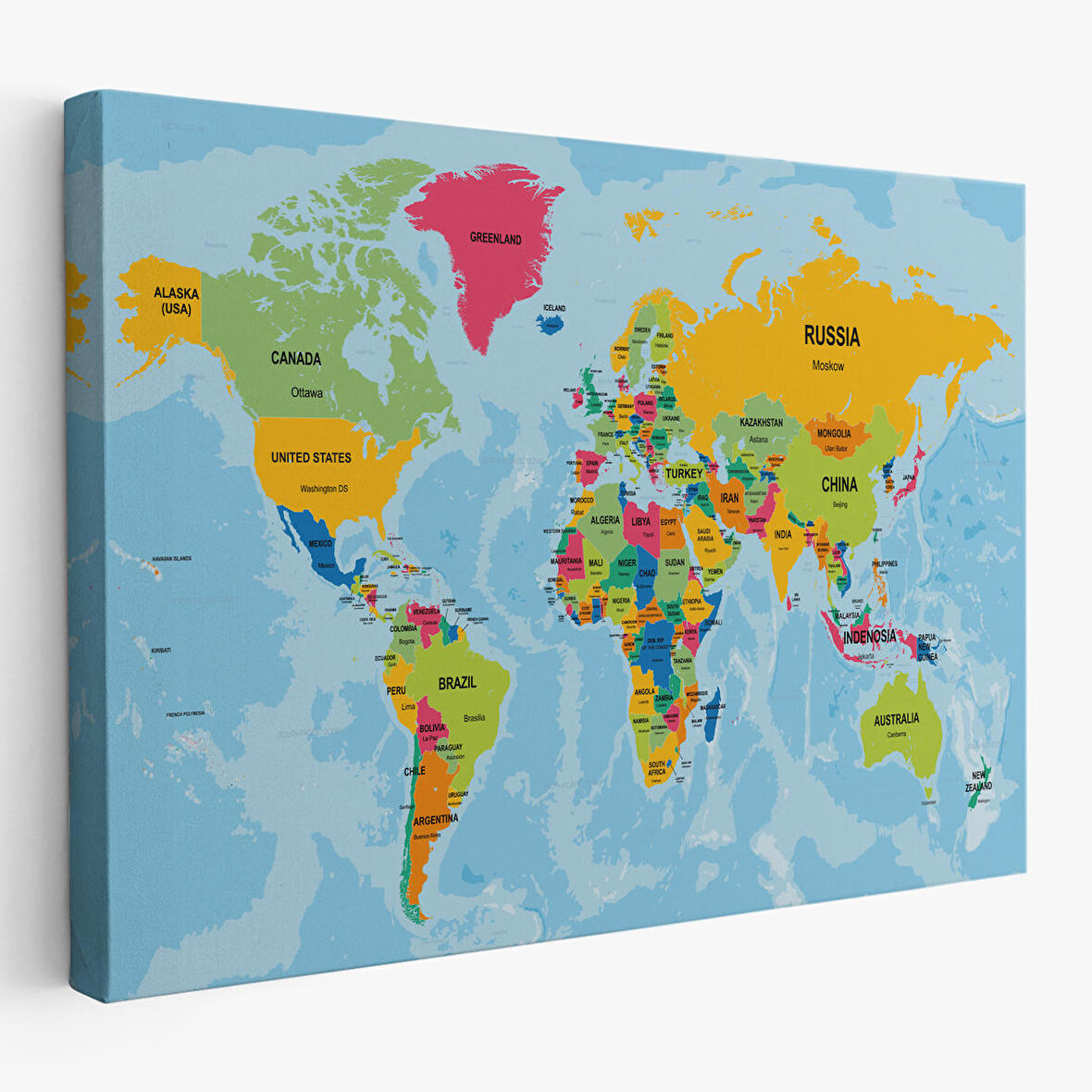 Harita Sepeti Dünya Haritası Ülke Başkentli Okyanuslu ve Dekoratif Kanvas Tablo 2243