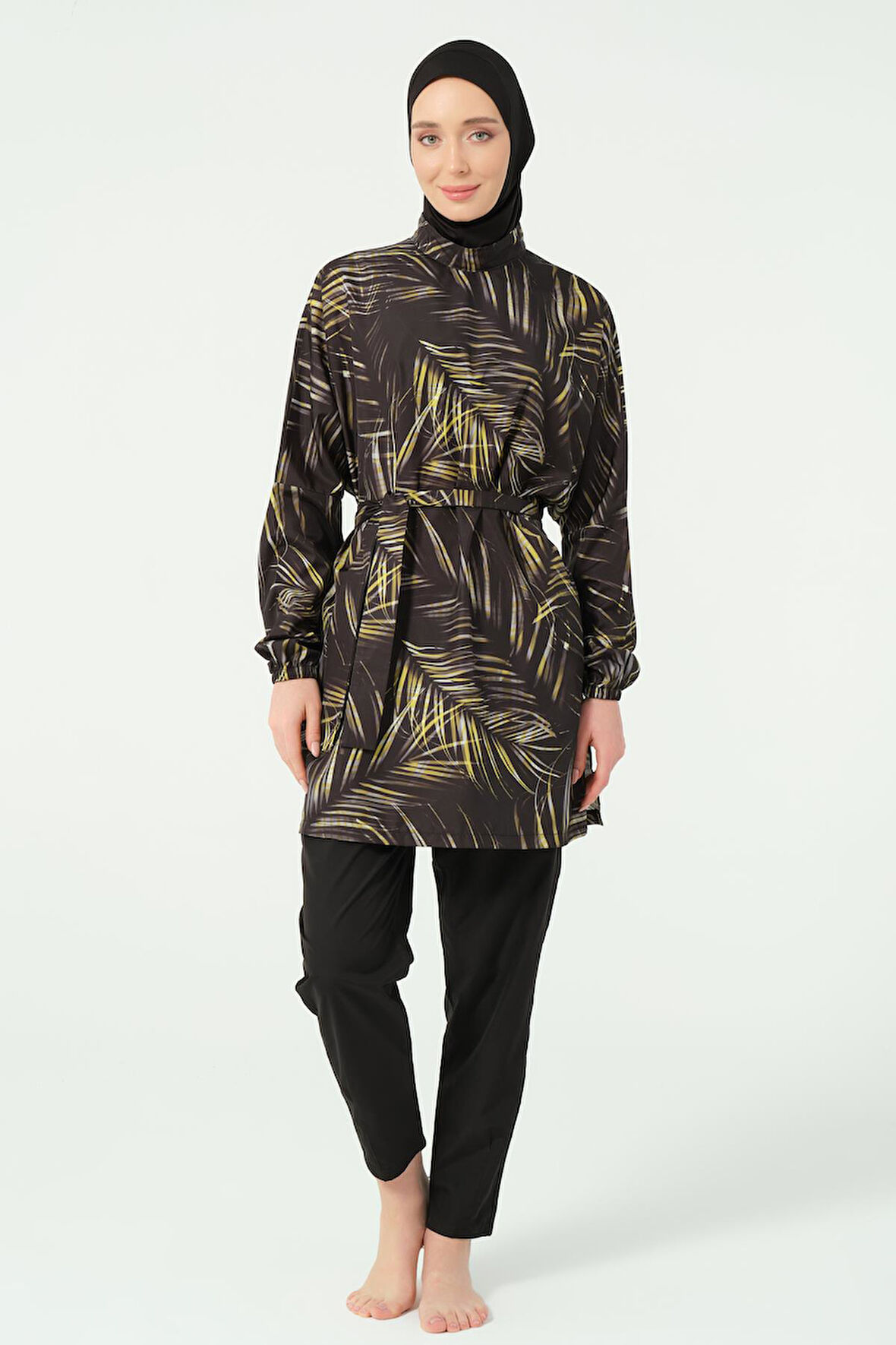 Yaprak Desenli Oversize Tesettür Mayo Siyah