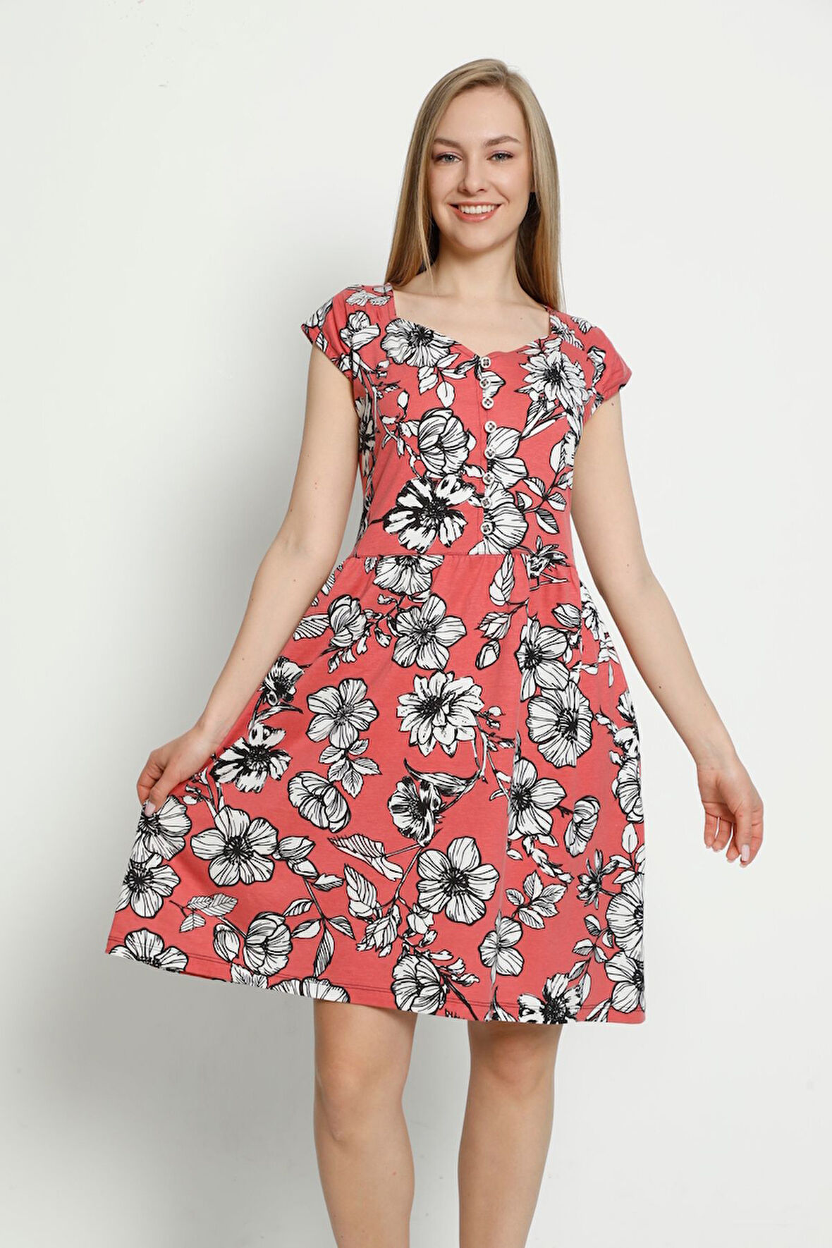 Kadın Kısa Kollu Desenli Düğmeli Cepli Penye Modal Pamuklu Elbise