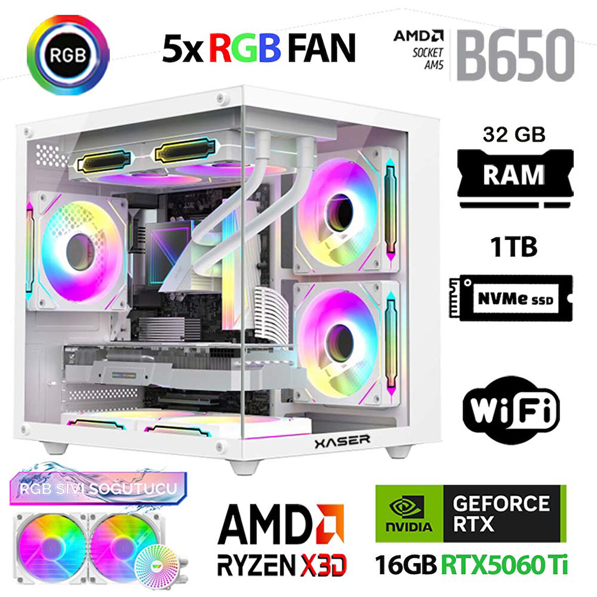 Xaser Cube X230 Ryzen 7 7800X3D 32GB DDR5 Ram 1TB M.2 NVMe SSD 16GB RTX5060 Ti Sıvı Soğutmalı Masaüstü Oyuncu Bilgisayarı