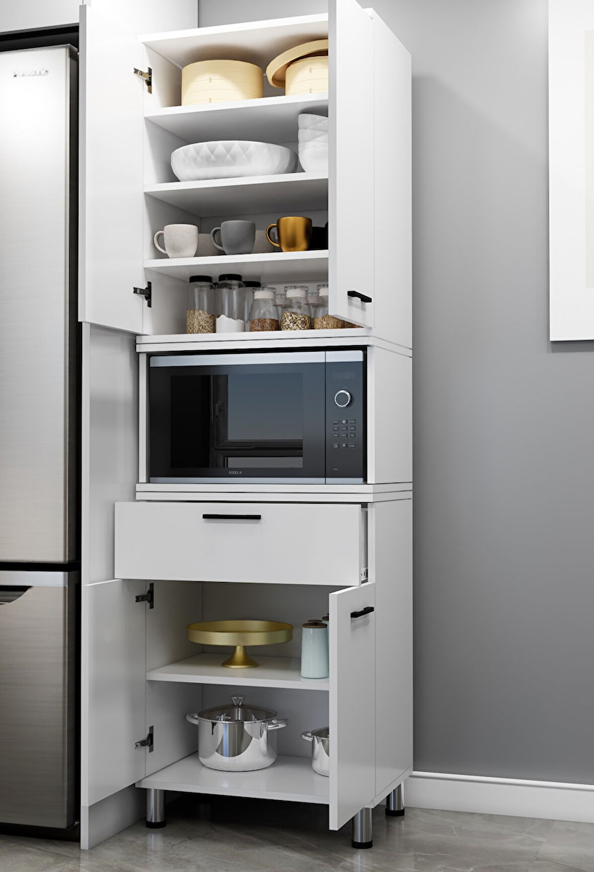 4 kapaklı Tek çekmeceli Açık Gözlü Çok Amaçlı Dolap