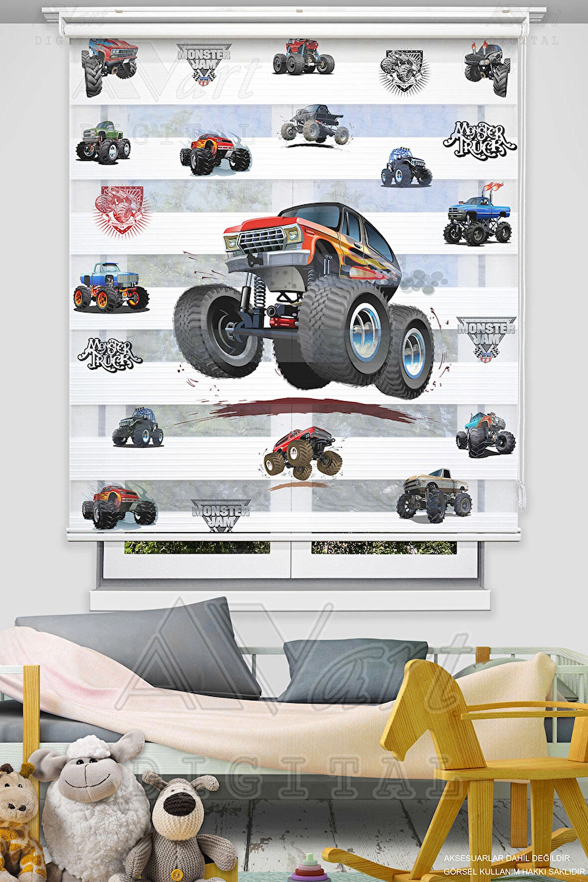 Monster Truck - Kamyonet Baskılı Çocuk Odası Perdesi - Dijital Baskılı Zebra Stor Perde